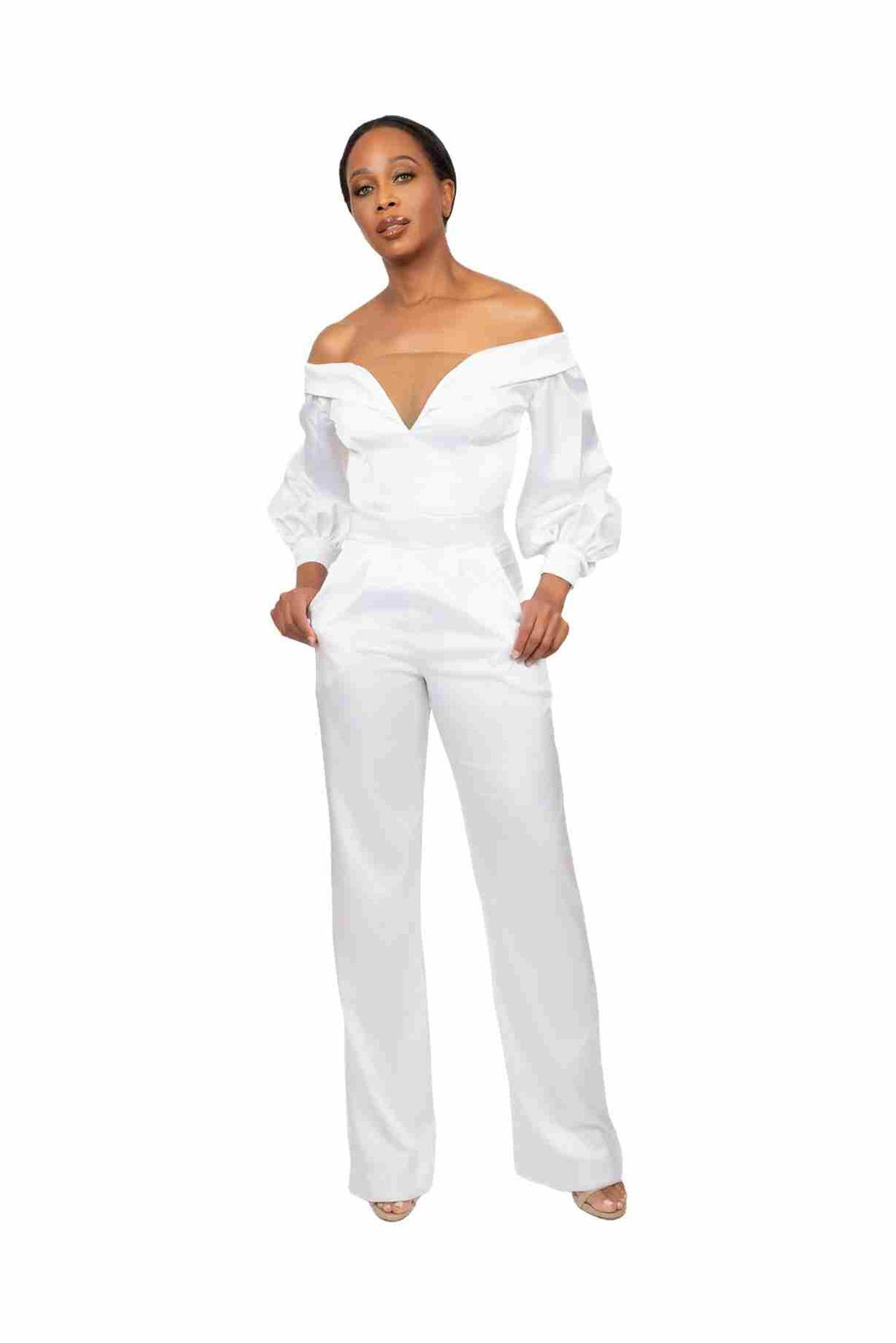 ADORE off-the-shoulder satin jumpsuit in Coastal Ivory — front view