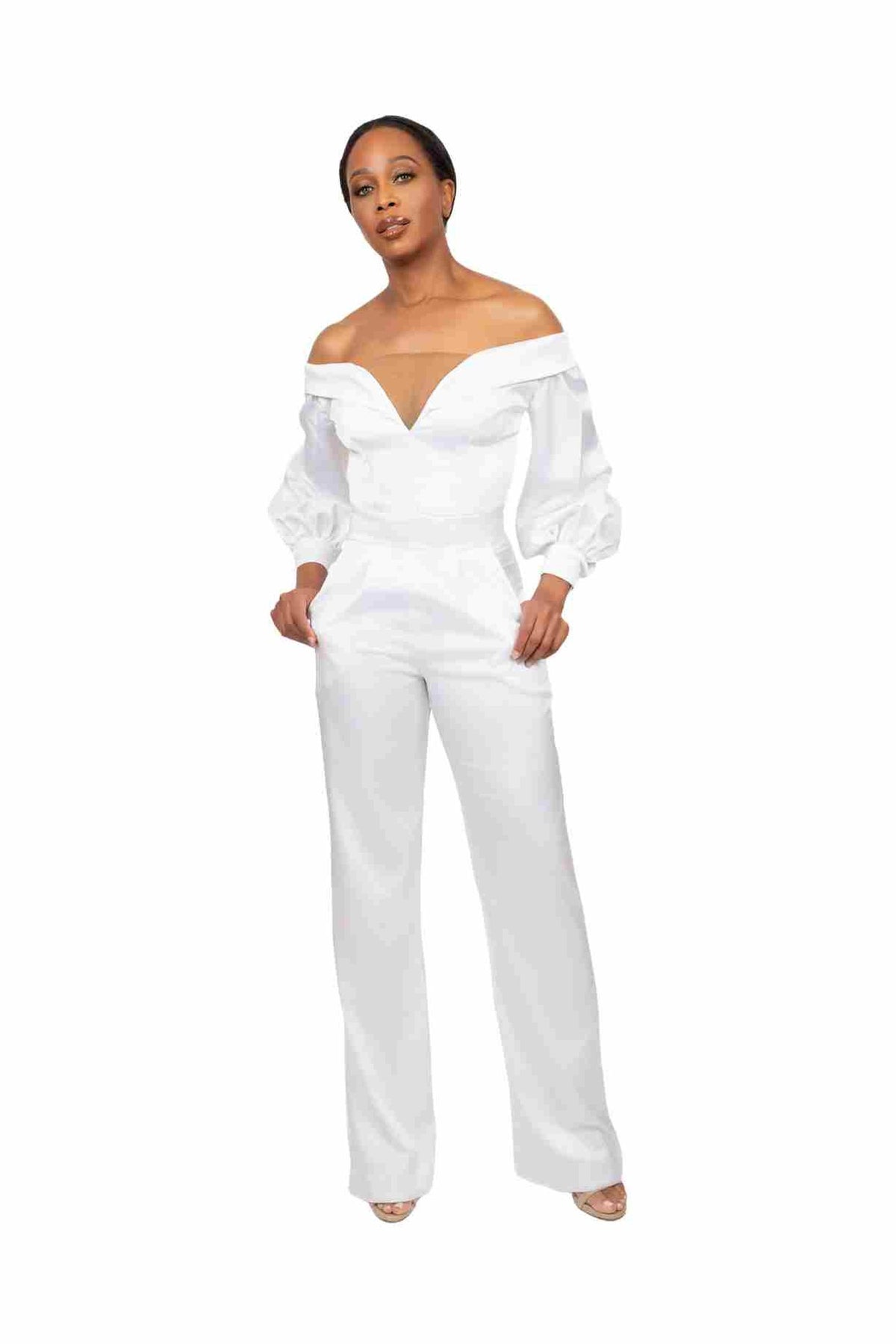 ADORE off-the-shoulder satin jumpsuit in Coastal Ivory — front view