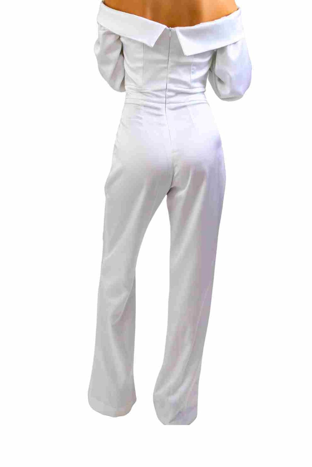 ADORE off-the-shoulder satin jumpsuit in Coastal Ivory — back view