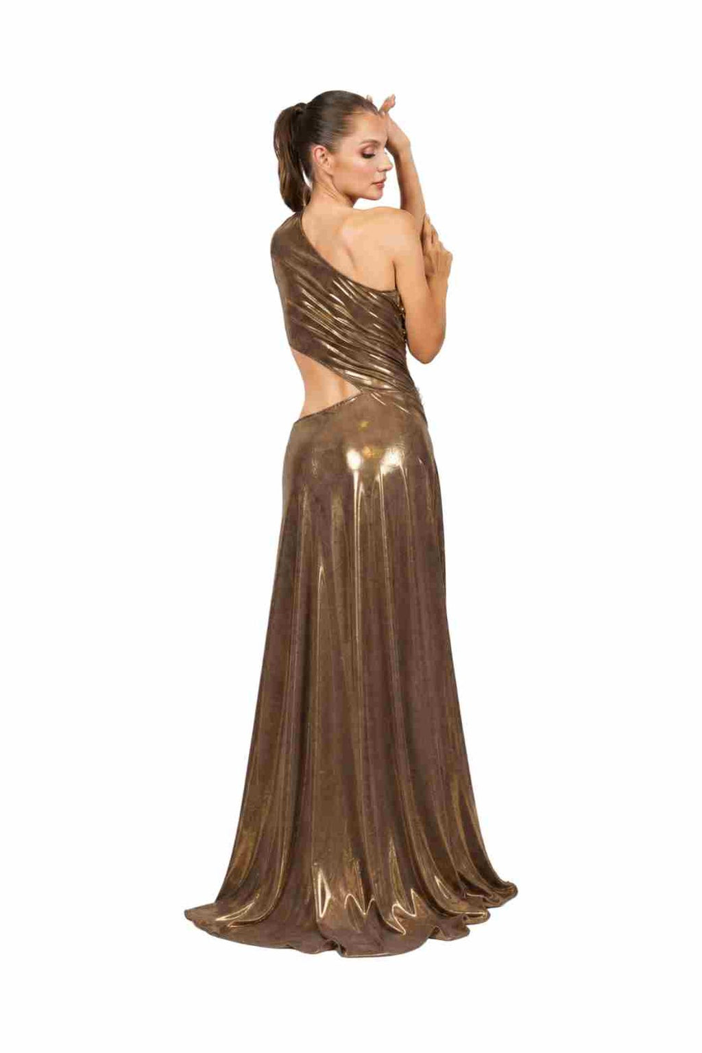 AURELIA one-shoulder metallic evening gown in Caribbean Copper — back view