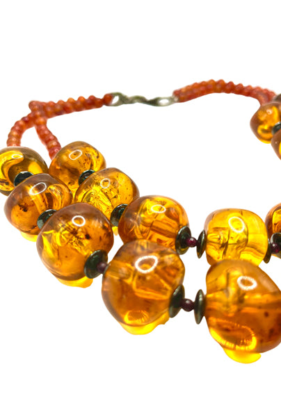 Amber Necklace with Hematite and Garnet Bead