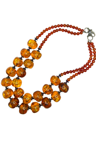 Amber Necklace with Hematite and Garnet Bead