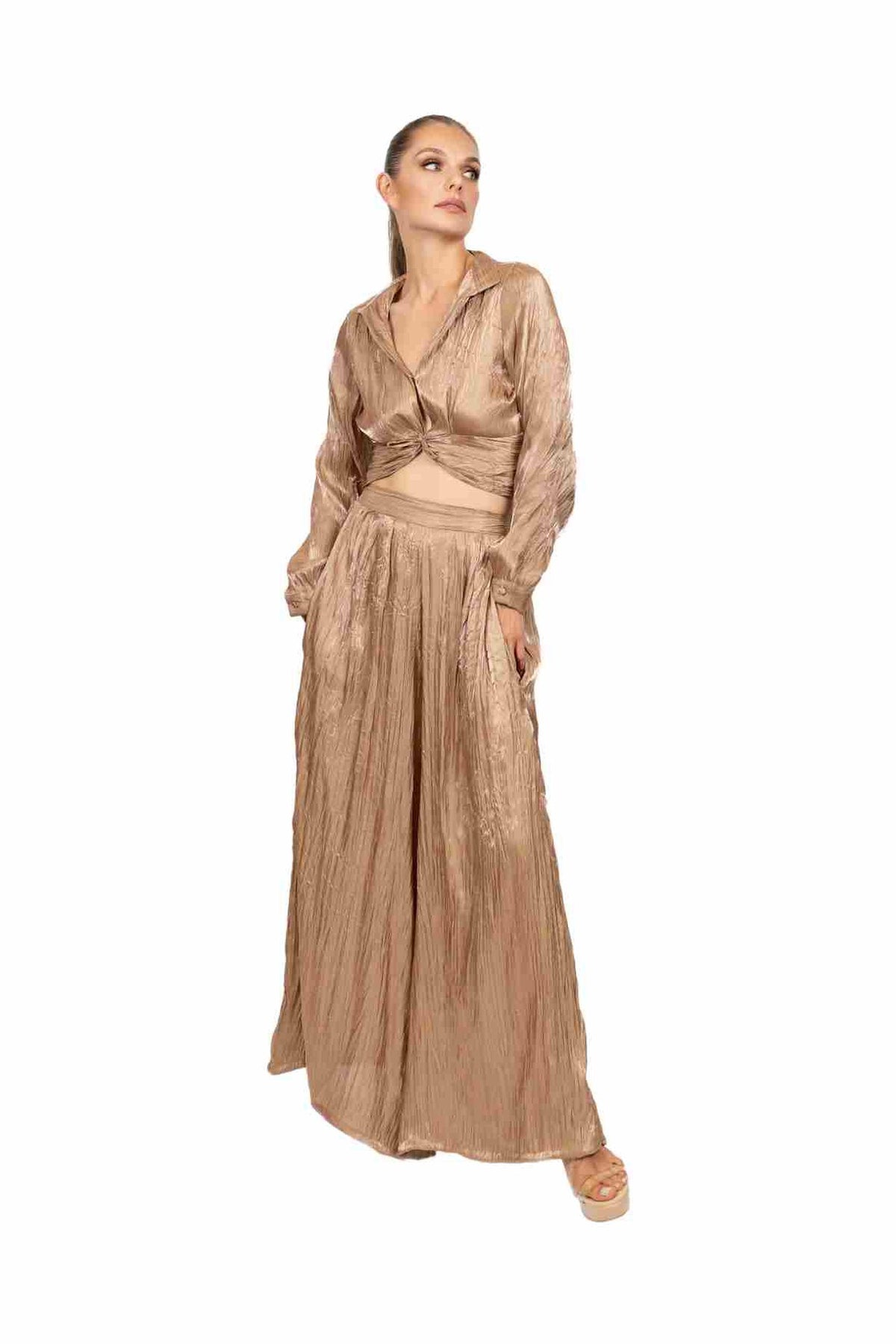 EMILIA crinkled satin shirt and palazzo trouser set in Roman Sand — front view