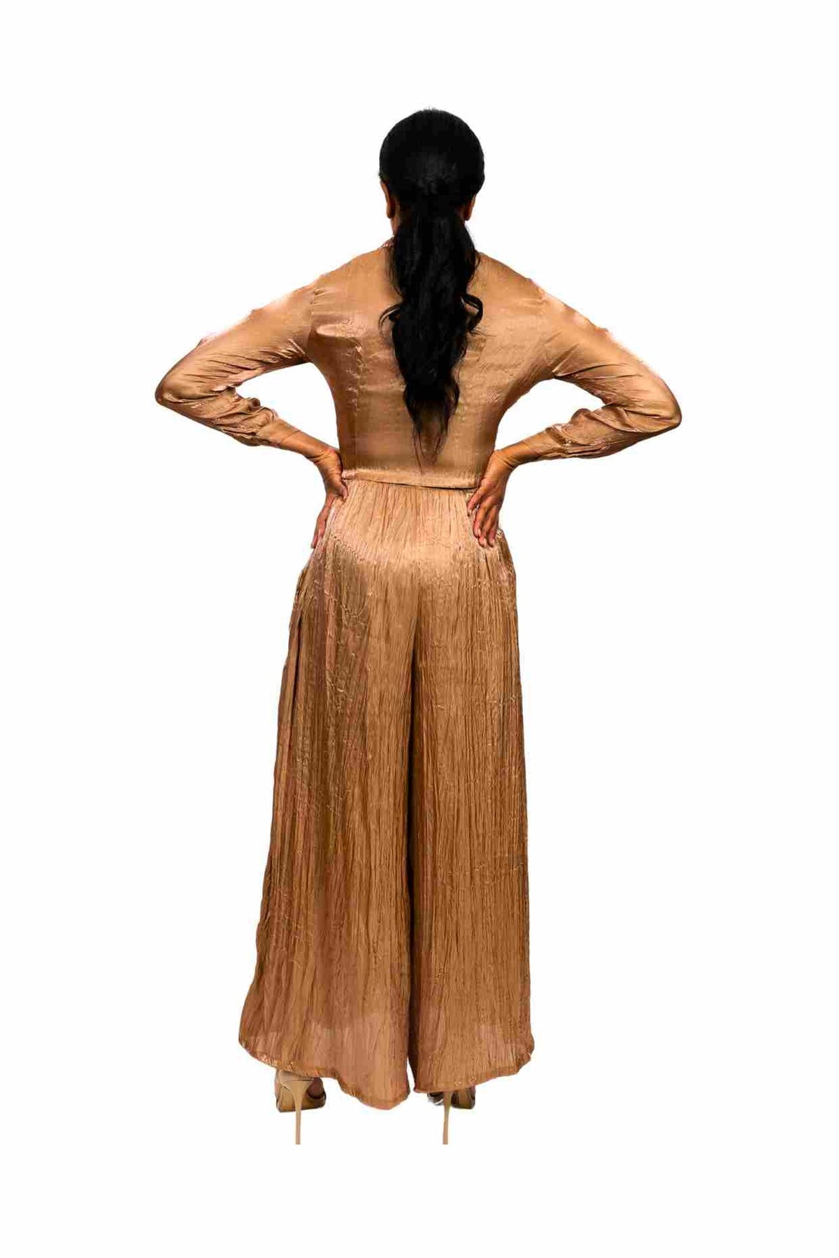 EMILIA crinkled satin shirt and palazzo trouser set in Roman Sand — back view