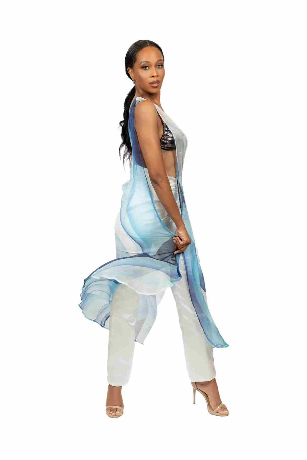 FIORA chiffon blouse in Caribbean Tide print — back view
