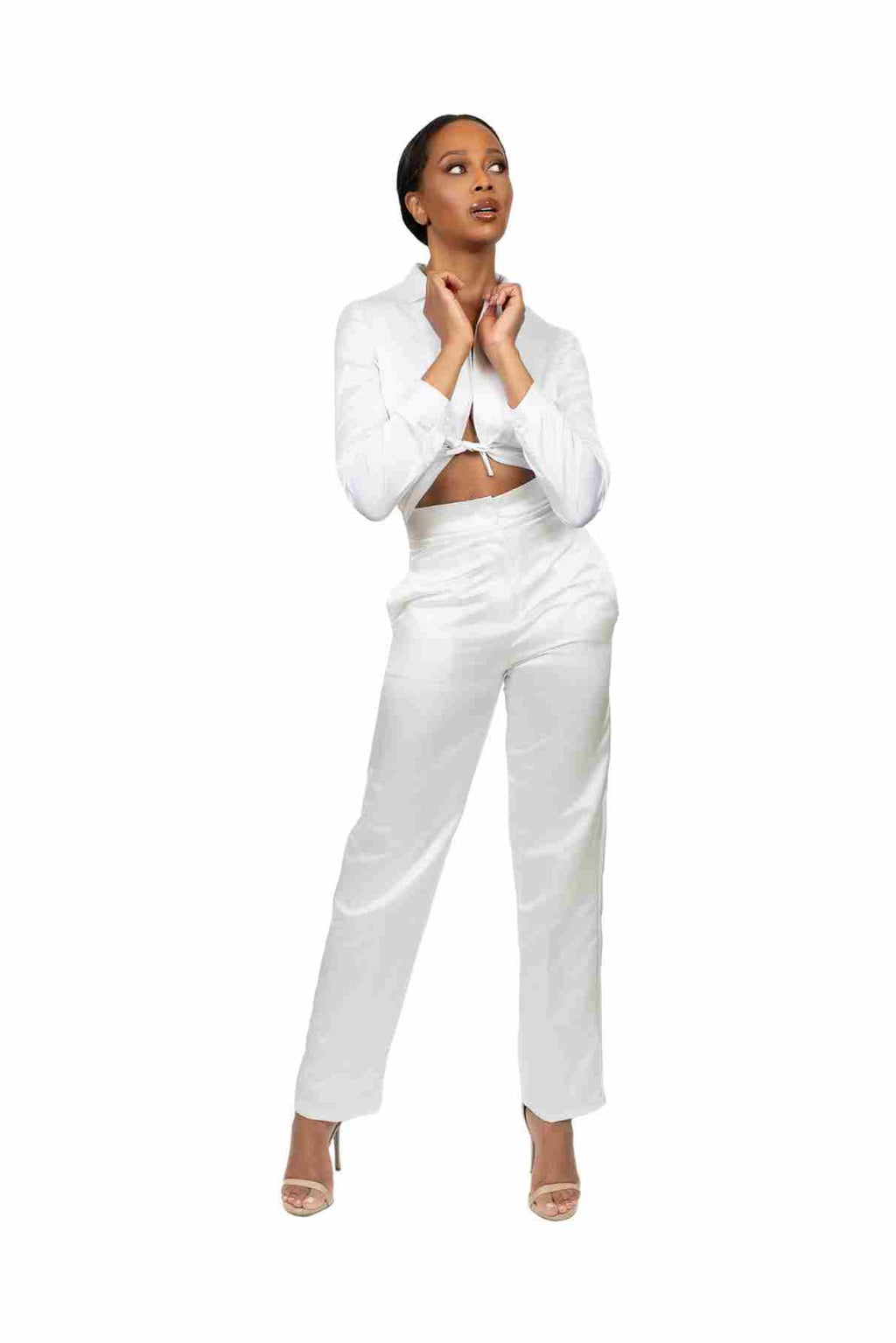 FIORA tailored satin trouser in Coastal Ivory — front view