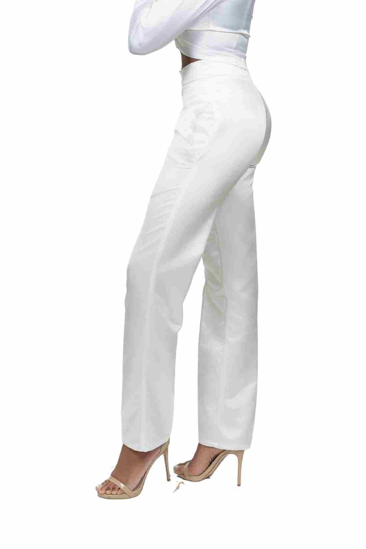 FIORA tailored satin trouser in Coastal Ivory — side view