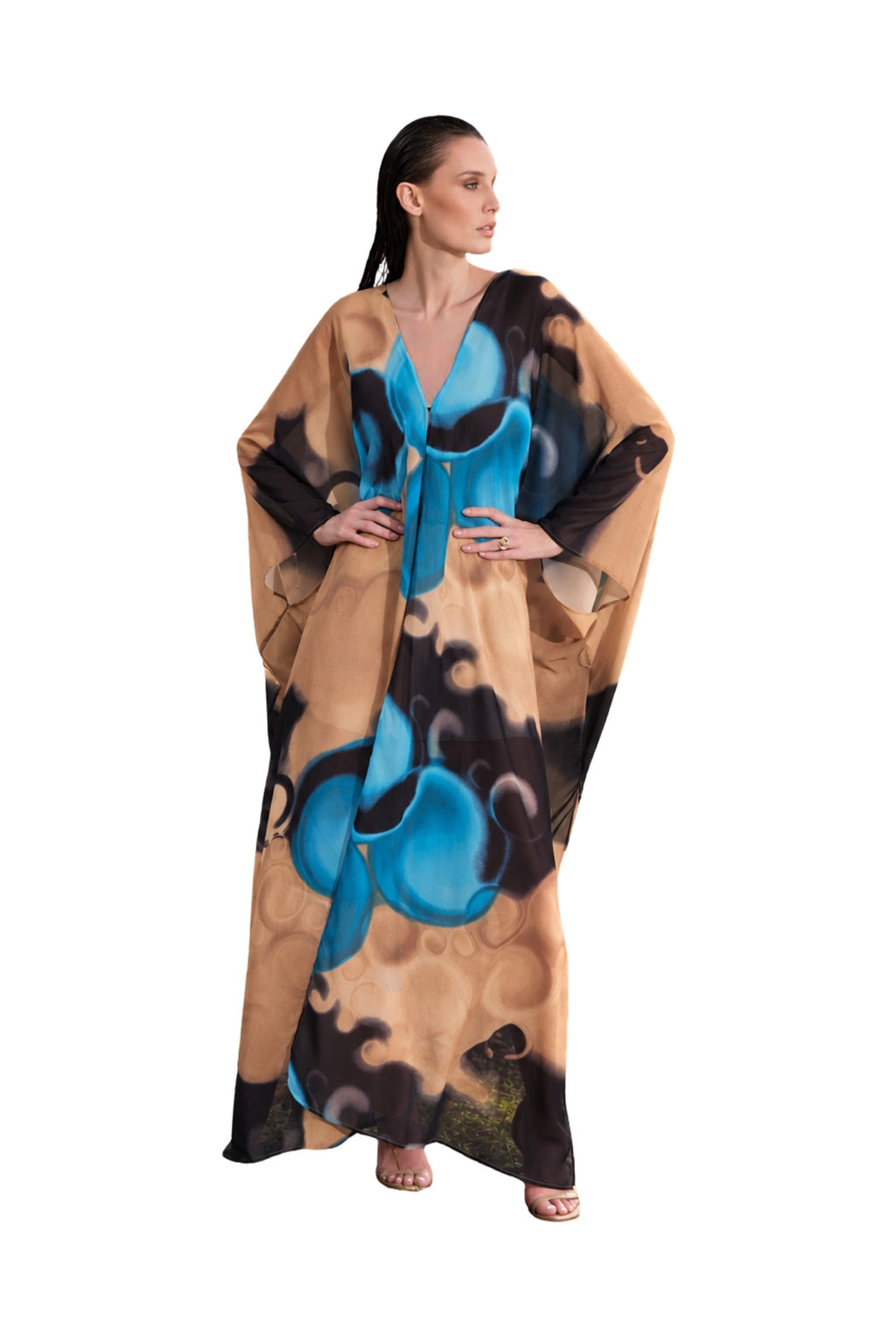 ISOLA chiffon kimono in Golden Tides print — front view