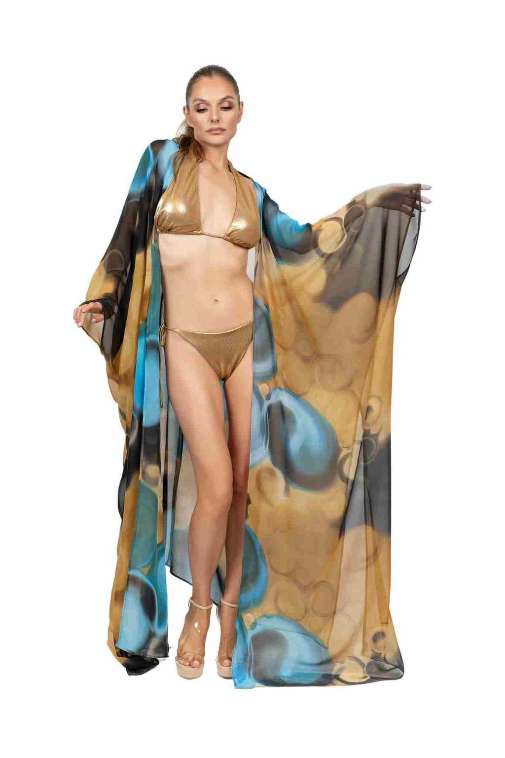 ISOLA chiffon kimono in Golden Tides print — front view, worn open