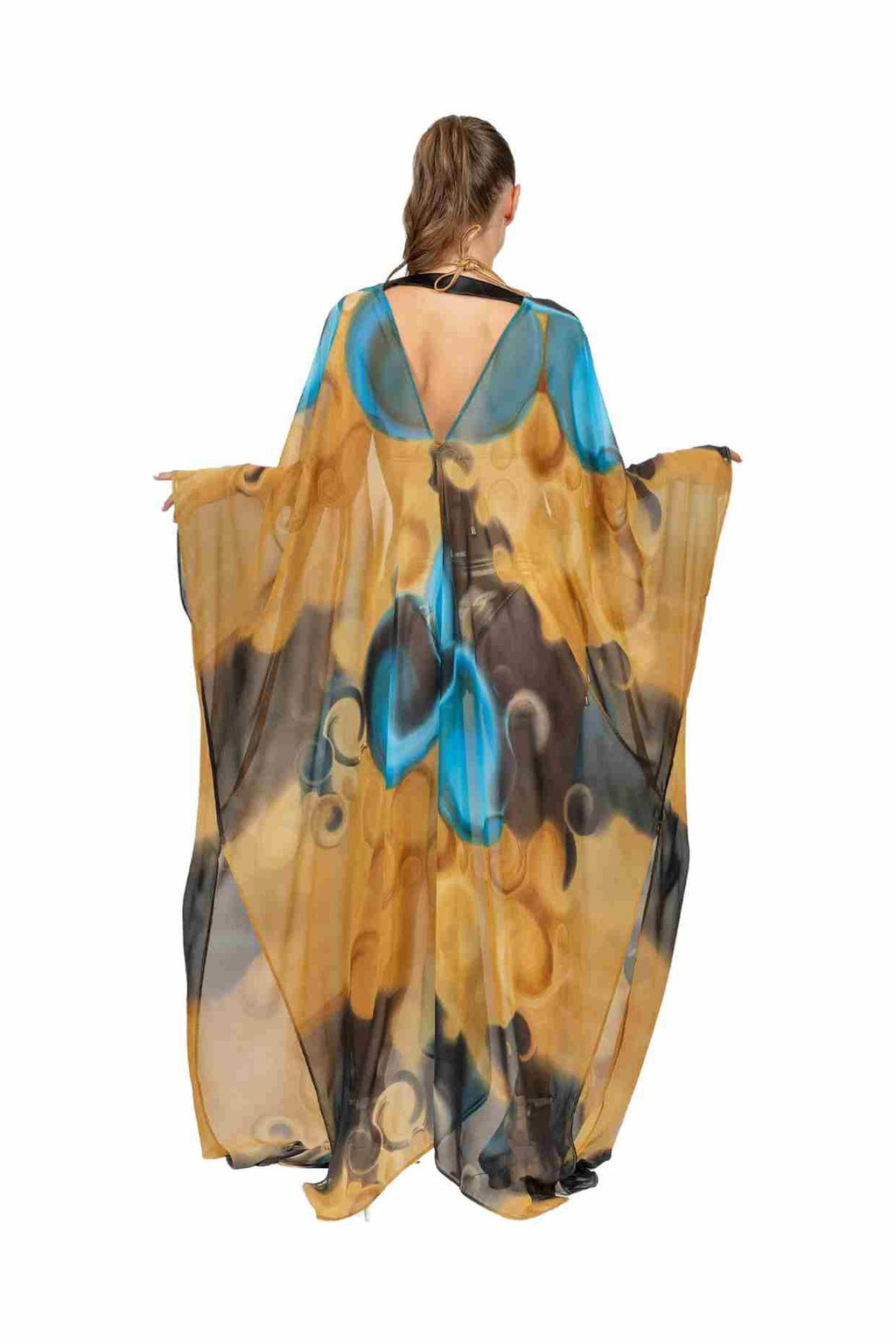 ISOLA chiffon kimono in Golden Tides print — back view