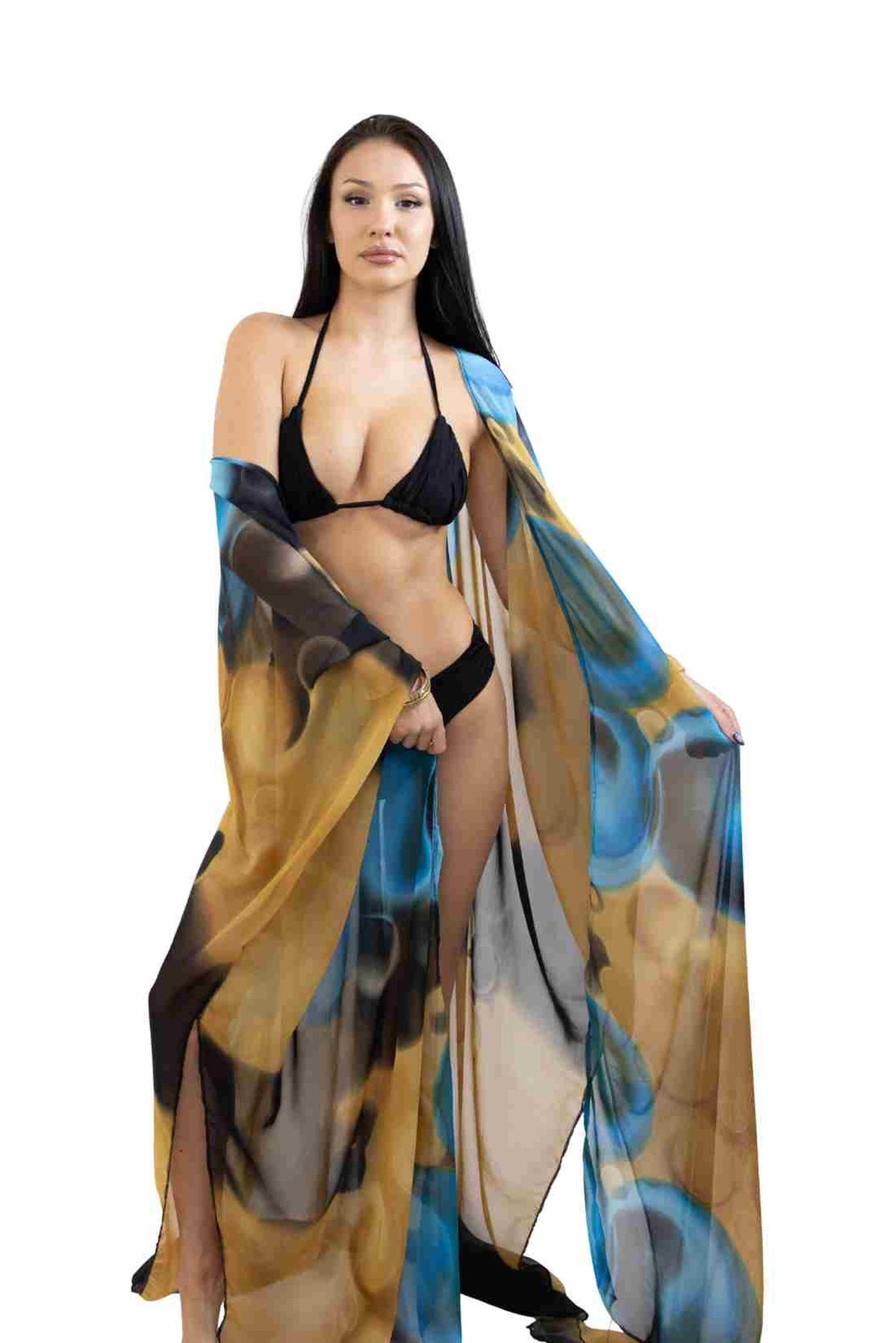 ISOLA chiffon kimono in Golden Tides print — styled open