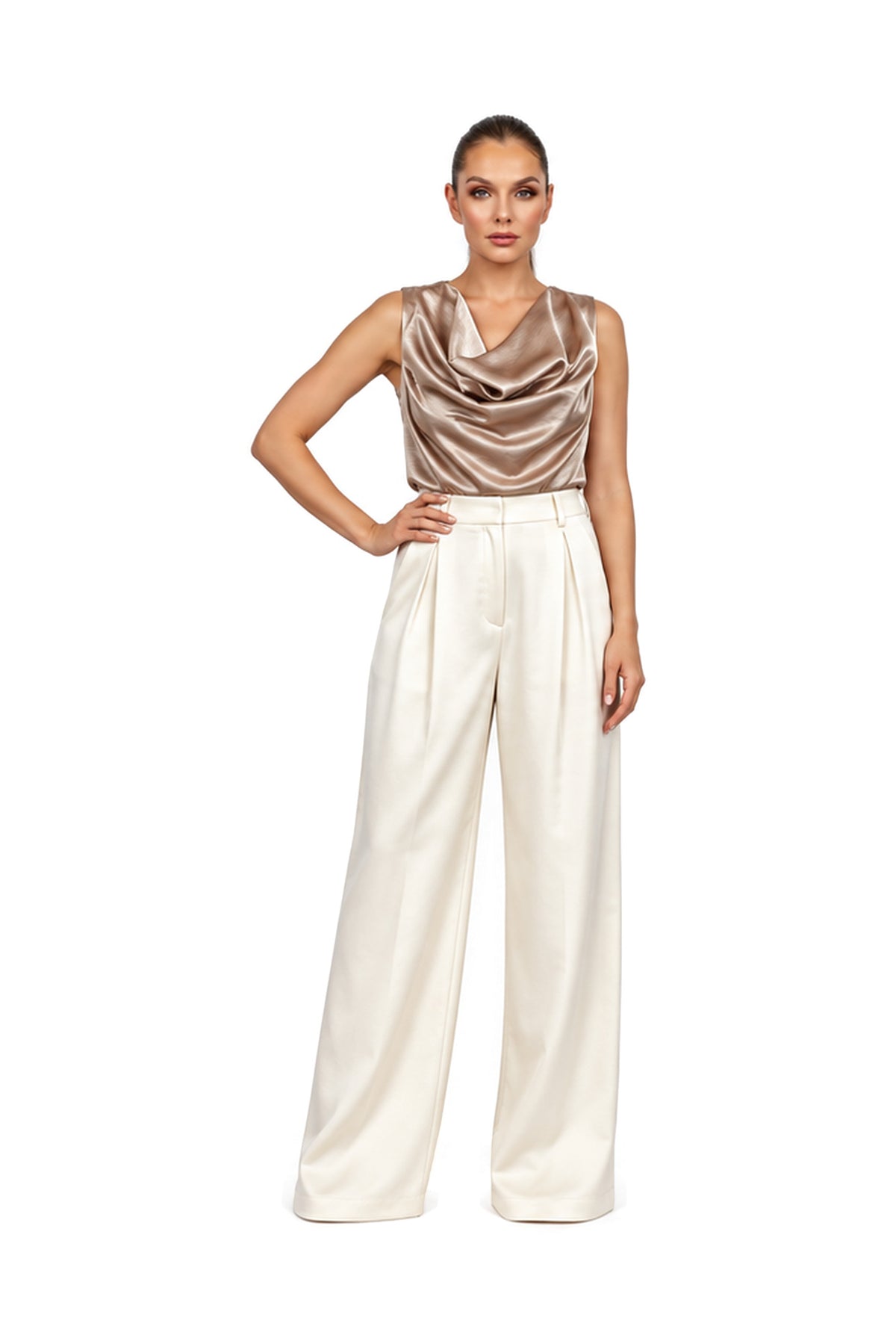 LUCENTE draped cowl blouse in Roman Gilt — front view