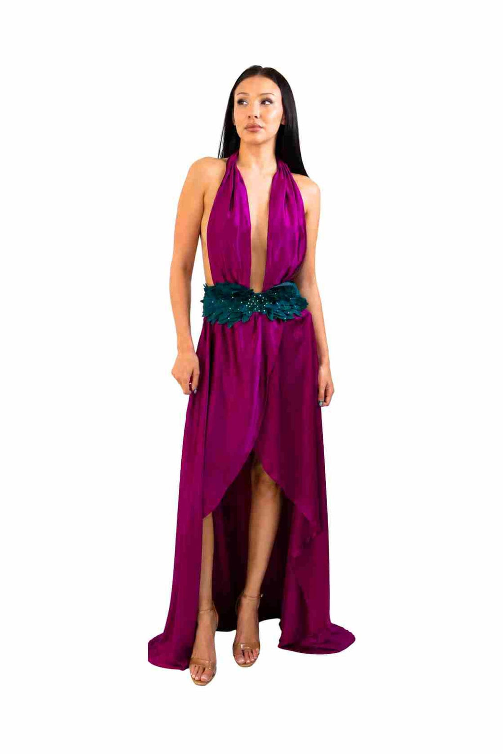 LUCID halter evening gown in Magenta Orchid — front view