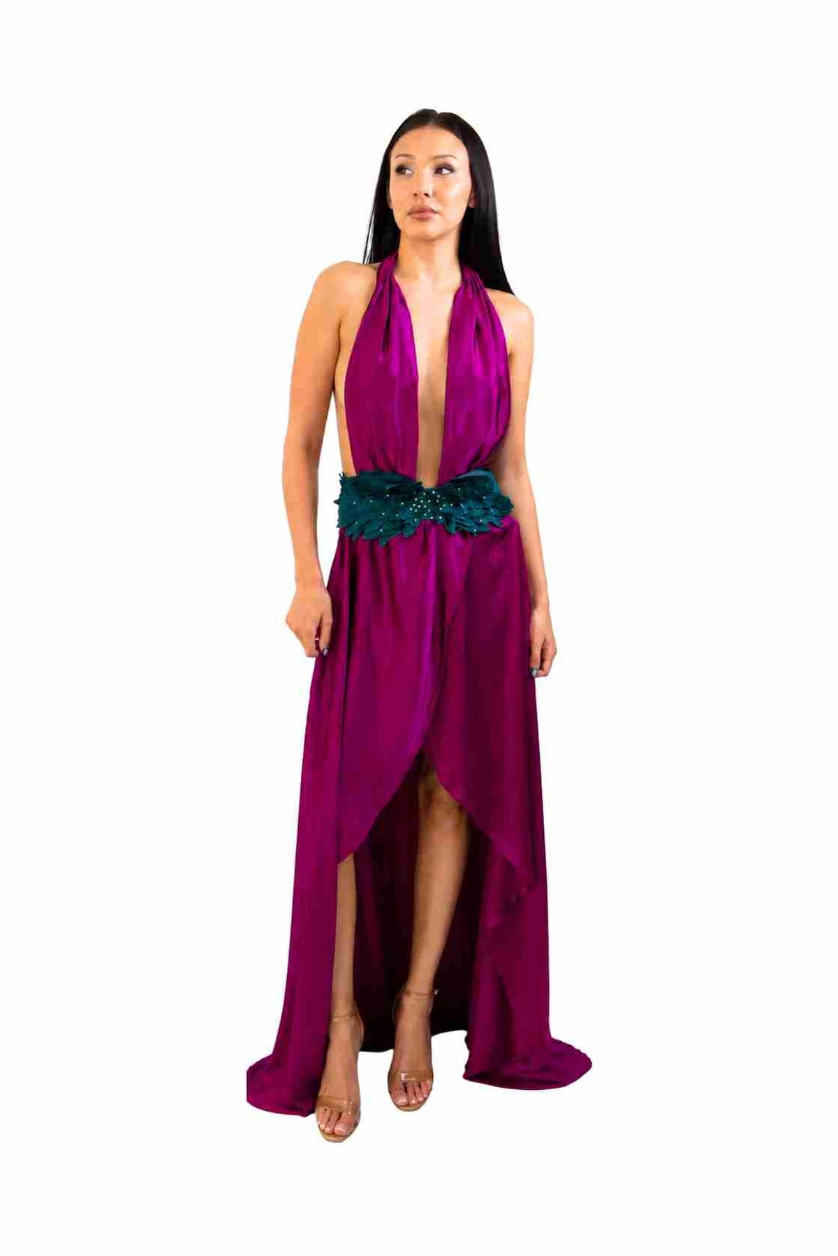 LUCID halter evening gown in Magenta Orchid — front view