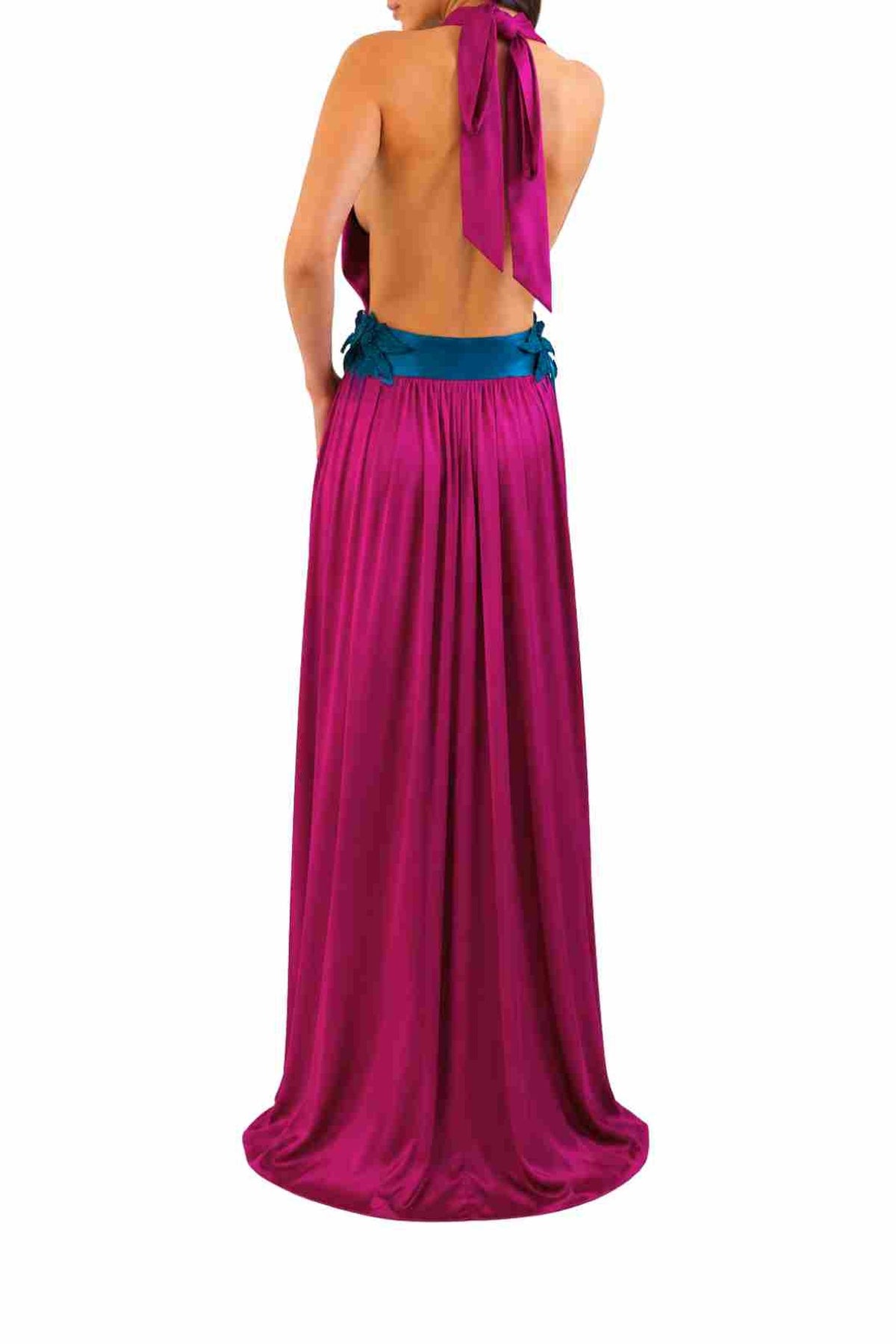 LUCID halter evening gown in Magenta Orchid — back view