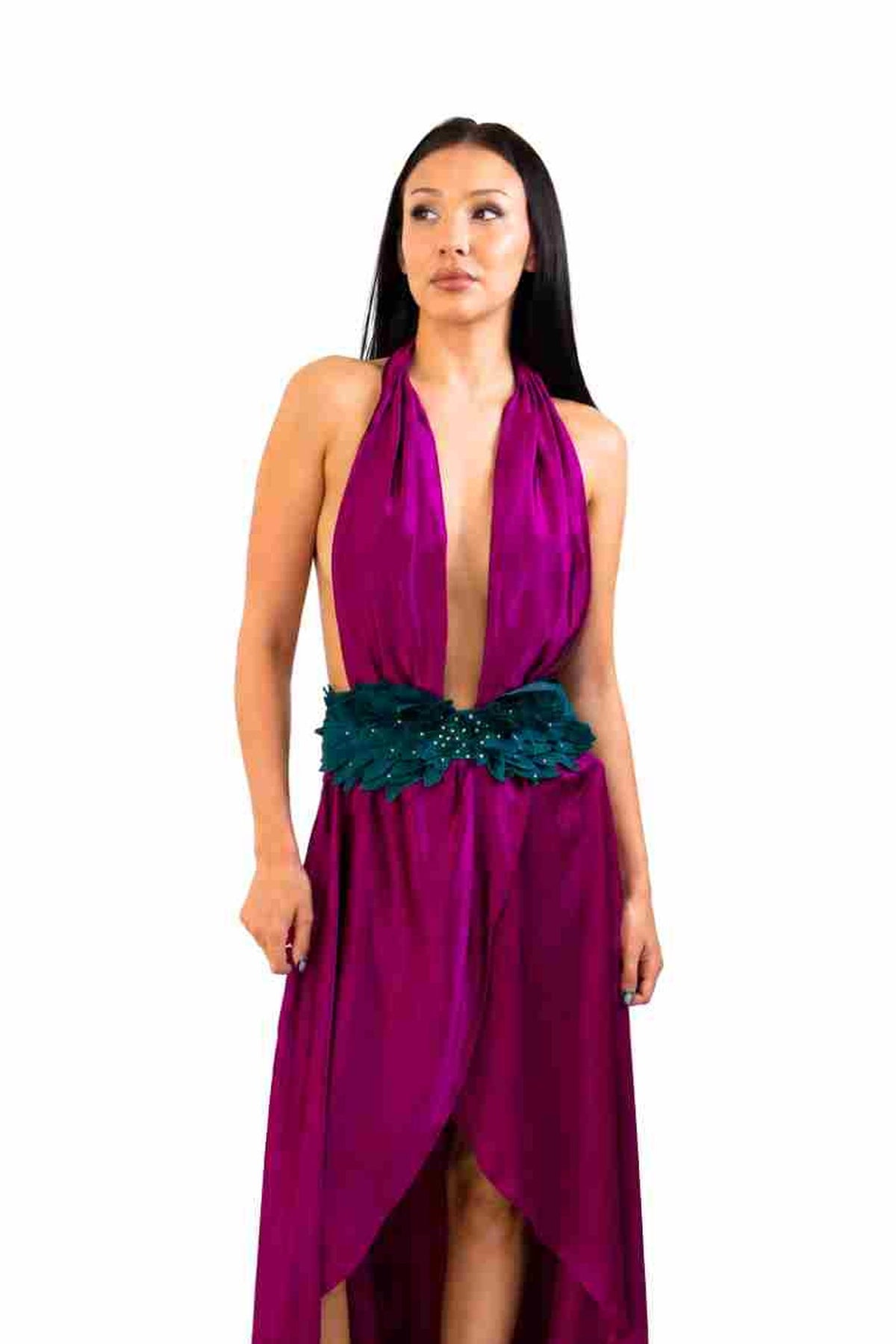 LUCID halter evening gown in Magenta Orchid — front close-up