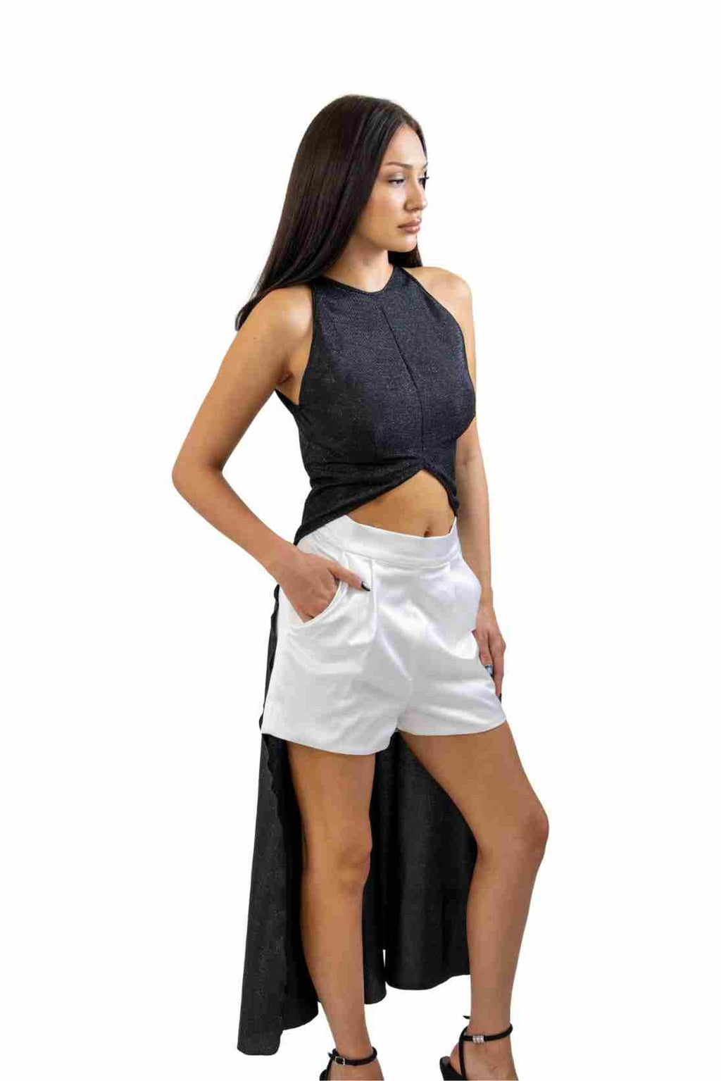 SELENE metallic high-low blouse in Onyx Black — three-quarter front view