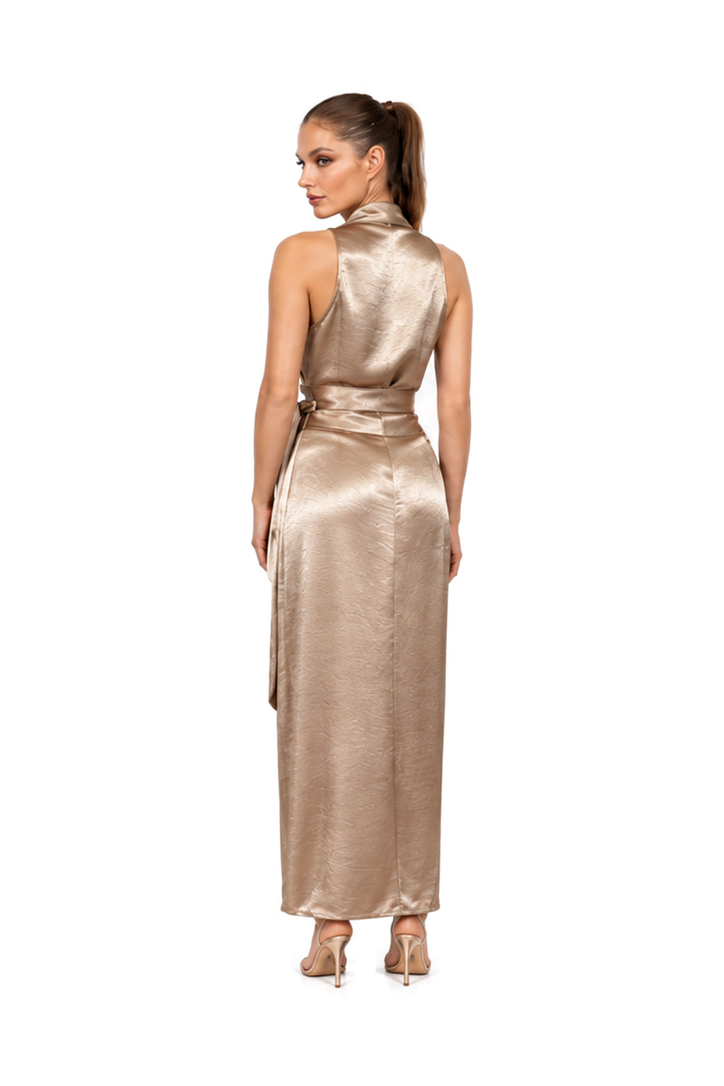 SERENA wrap top and draped skirt set in Roman Gilt — back view