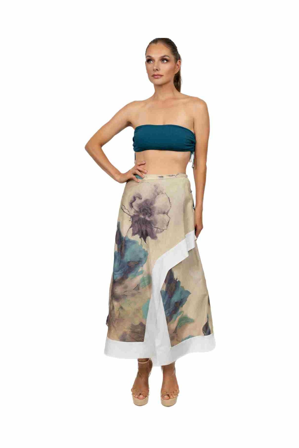 SIENNA wrap skirt in Acquarello di Mare print — front view