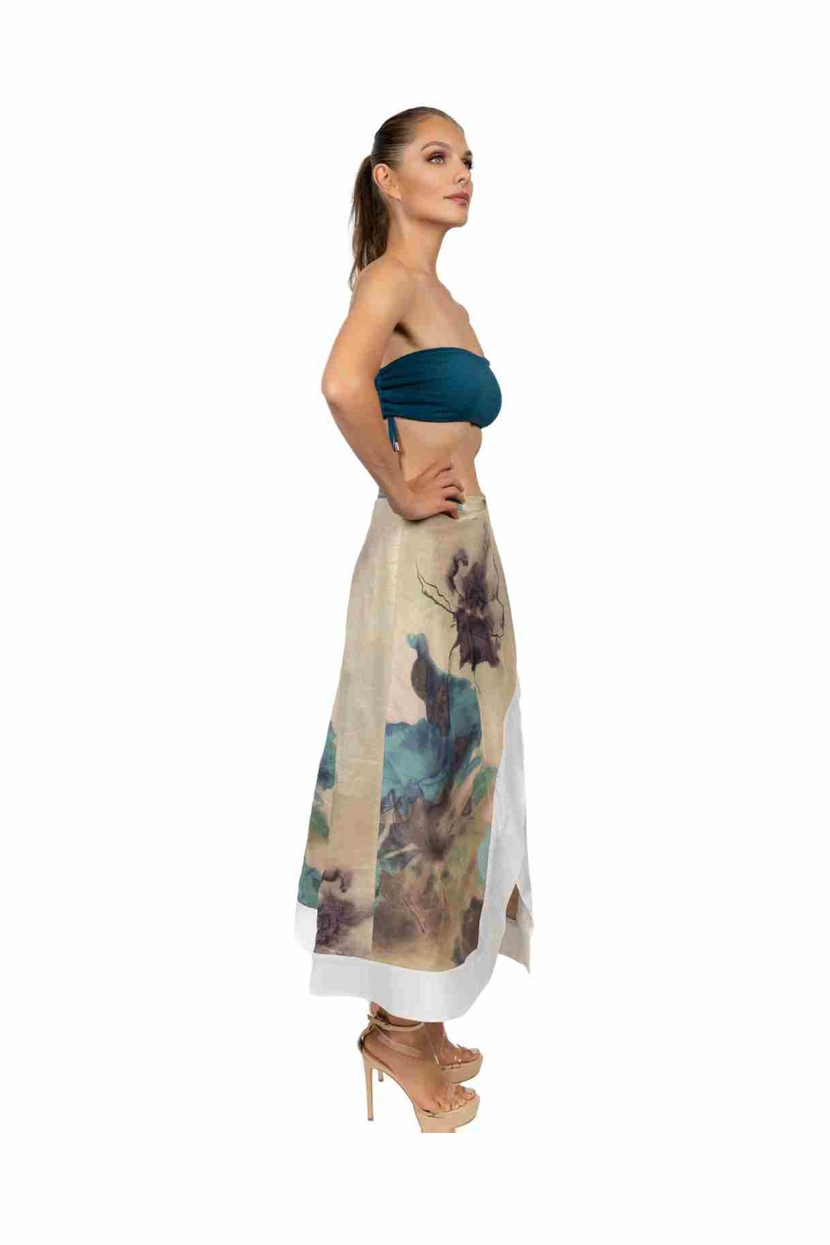 SIENNA wrap skirt in Acquarello di Mare print — side view