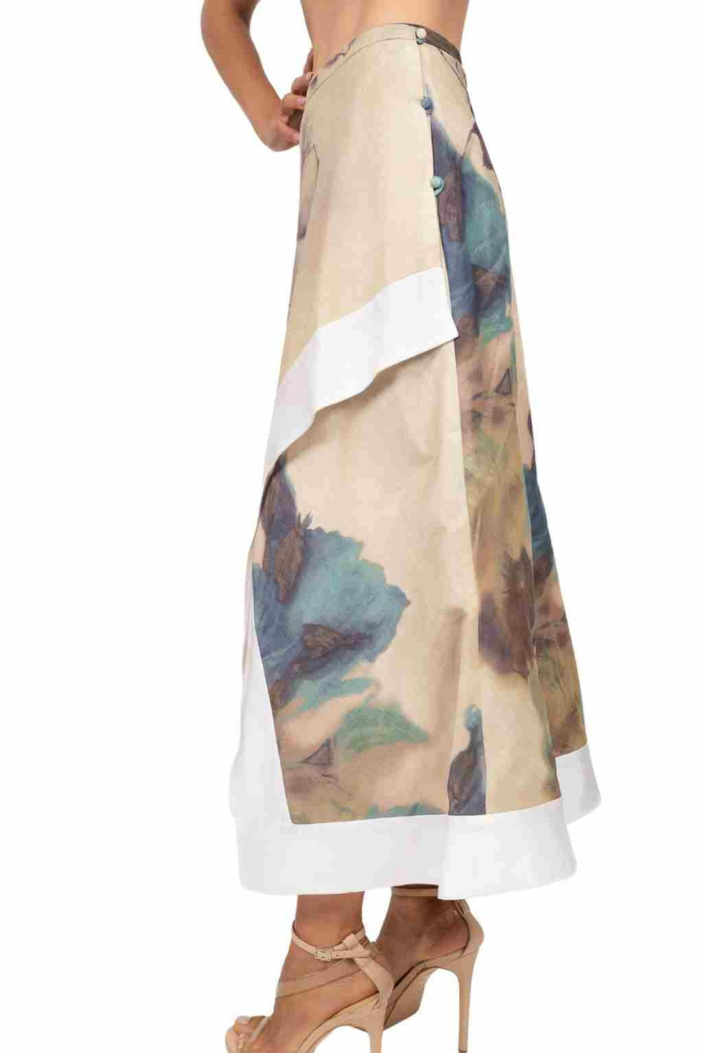 SIENNA wrap skirt in Acquarello di Mare print — side-back detail