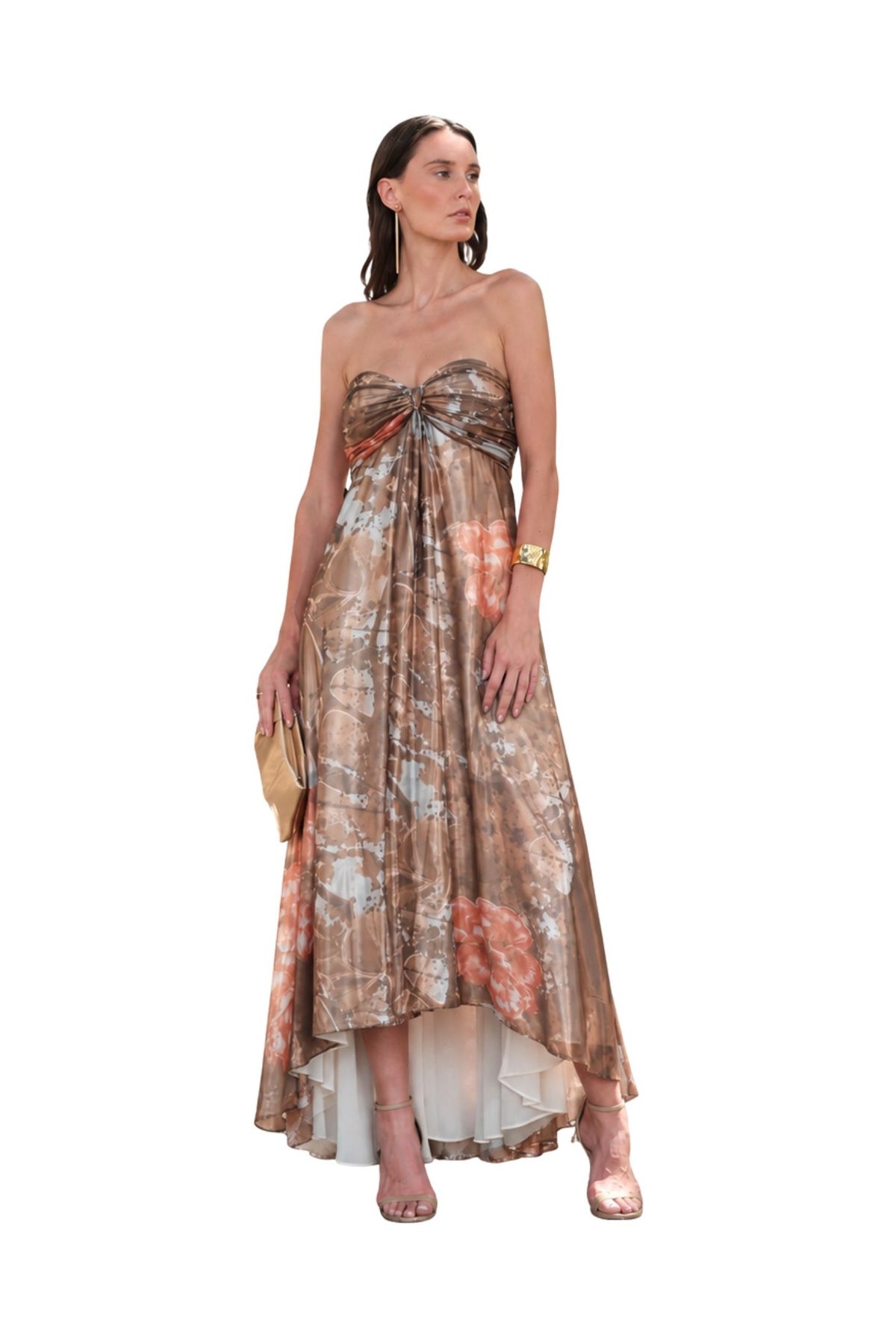 SOLARA strapless evening gown in Fiamma d’Oro print — front view