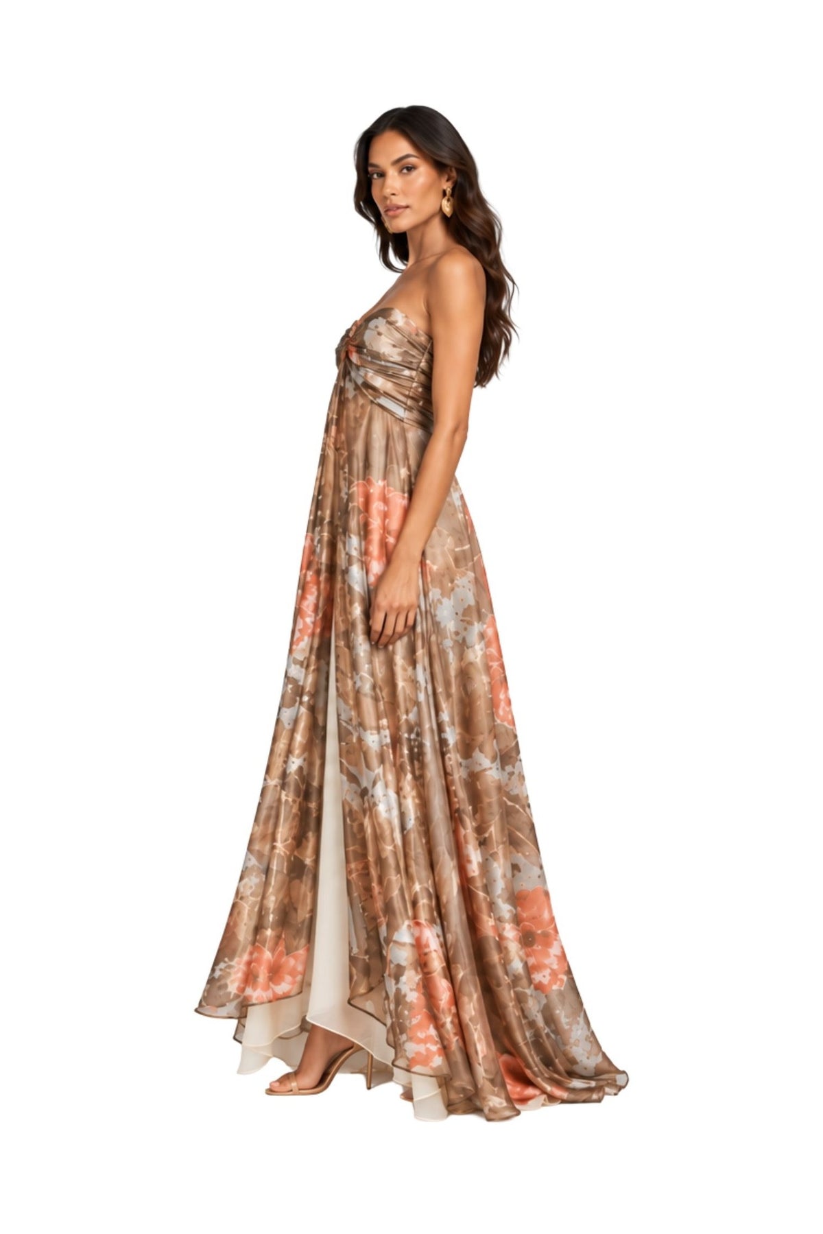 SOLARA strapless evening gown in Fiamma d’Oro print — side view