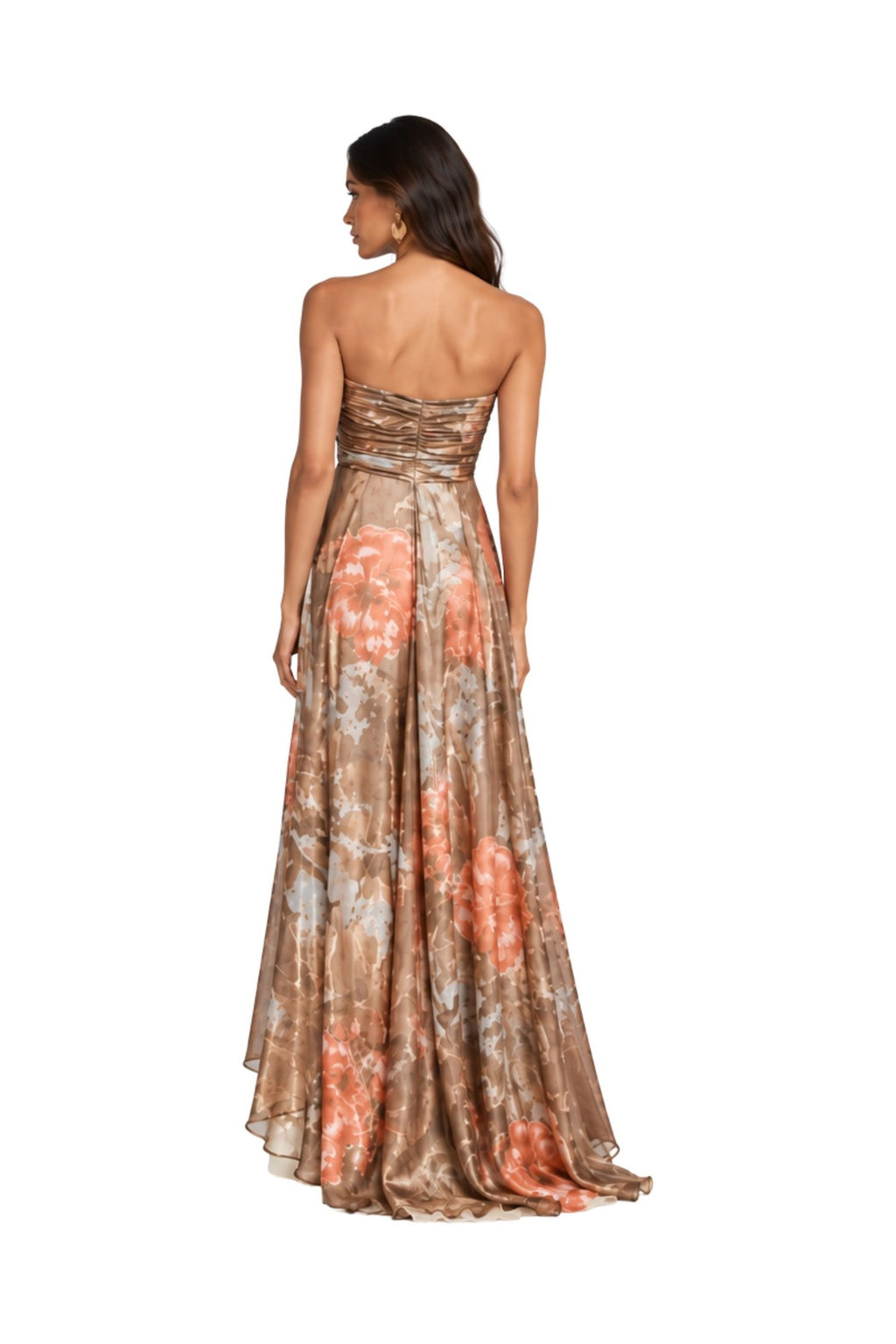 SOLARA strapless evening gown in Fiamma d’Oro print — back view