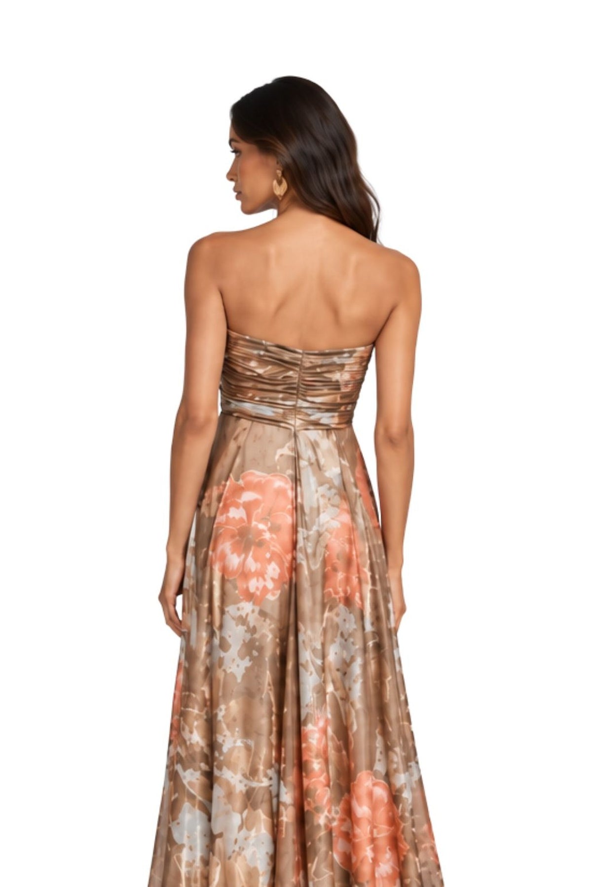 SOLARA strapless evening gown in Fiamma d’Oro print — back close-up