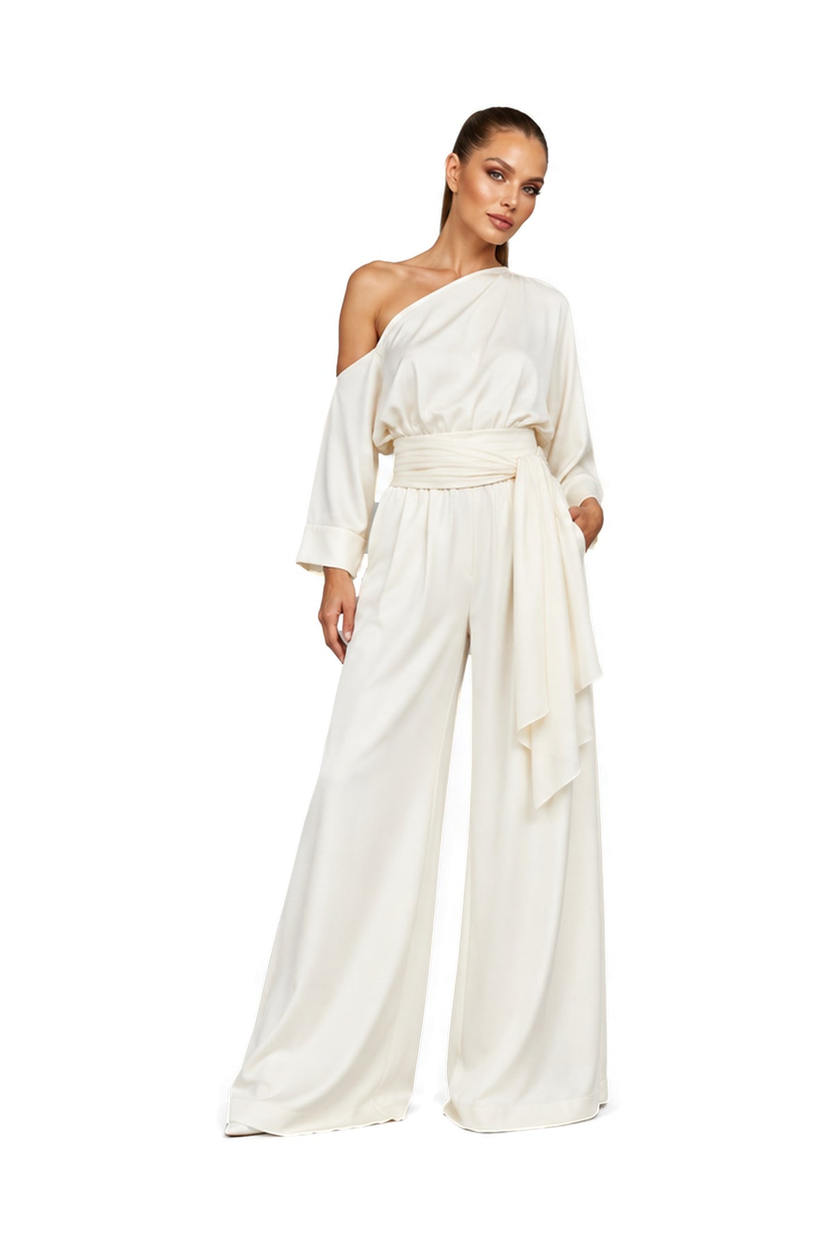 SOLEA one-shoulder blouse and palazzo trouser set in Roman Pearl — front view