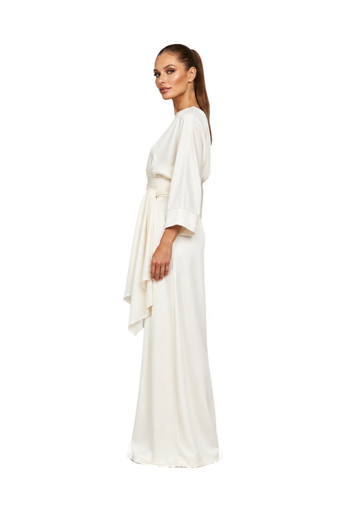 SOLEA one-shoulder blouse and palazzo trouser set in Roman Pearl — side view