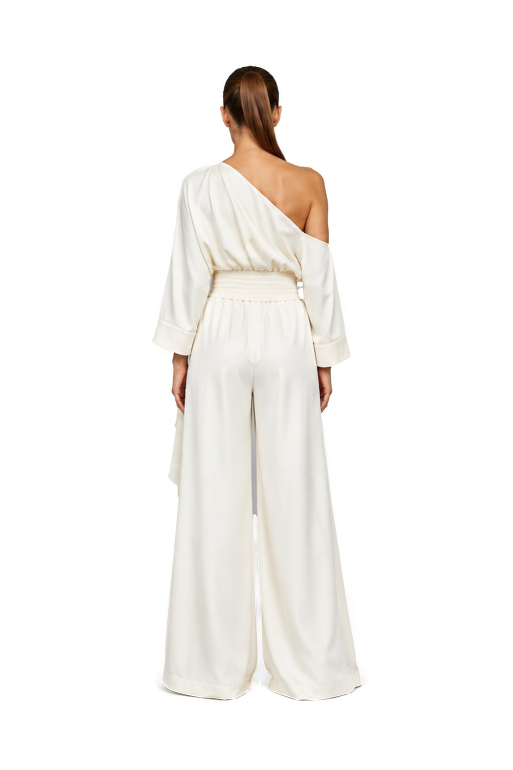 SOLEA one-shoulder blouse and palazzo trouser set in Roman Pearl — back view