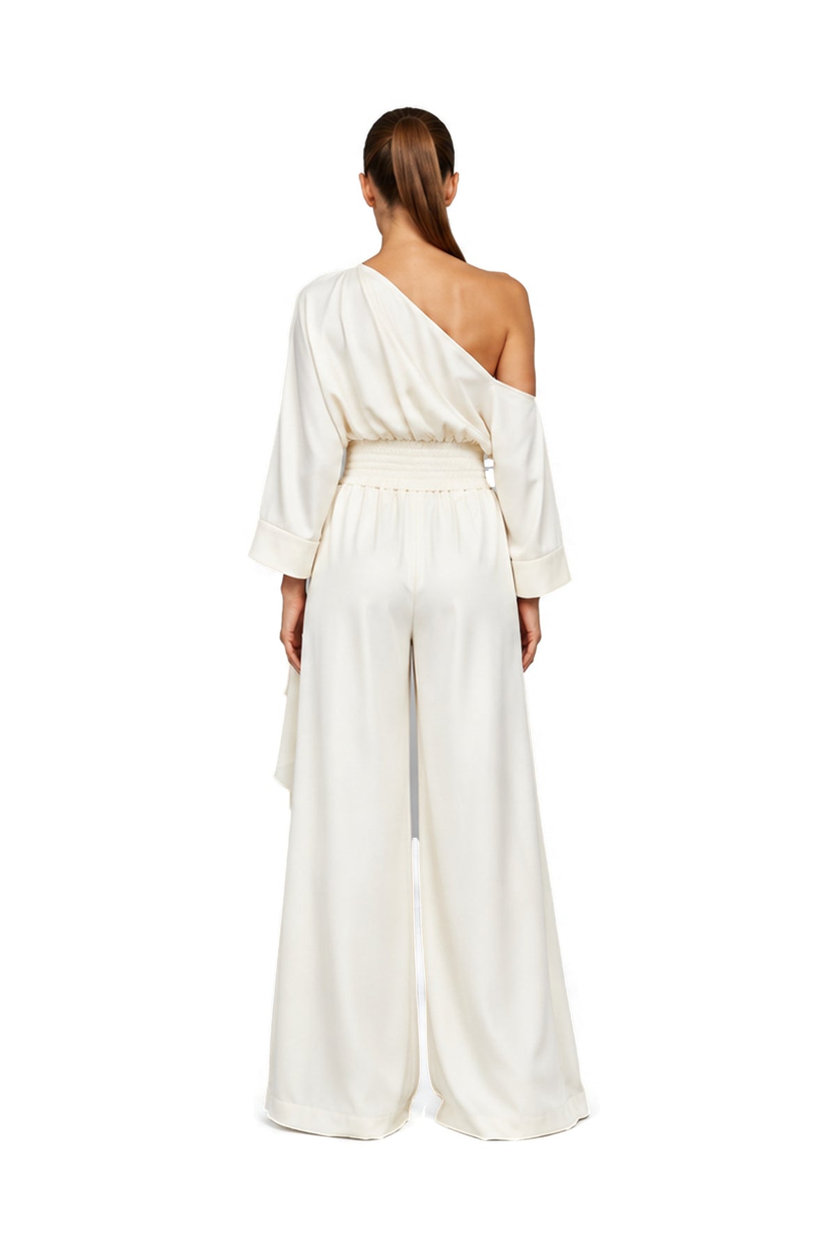 SOLEA one-shoulder blouse and palazzo trouser set in Roman Pearl — back view