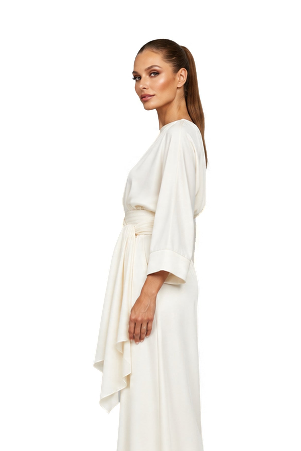 SOLEA one-shoulder blouse and palazzo trouser set in Roman Pearl — side close-up
