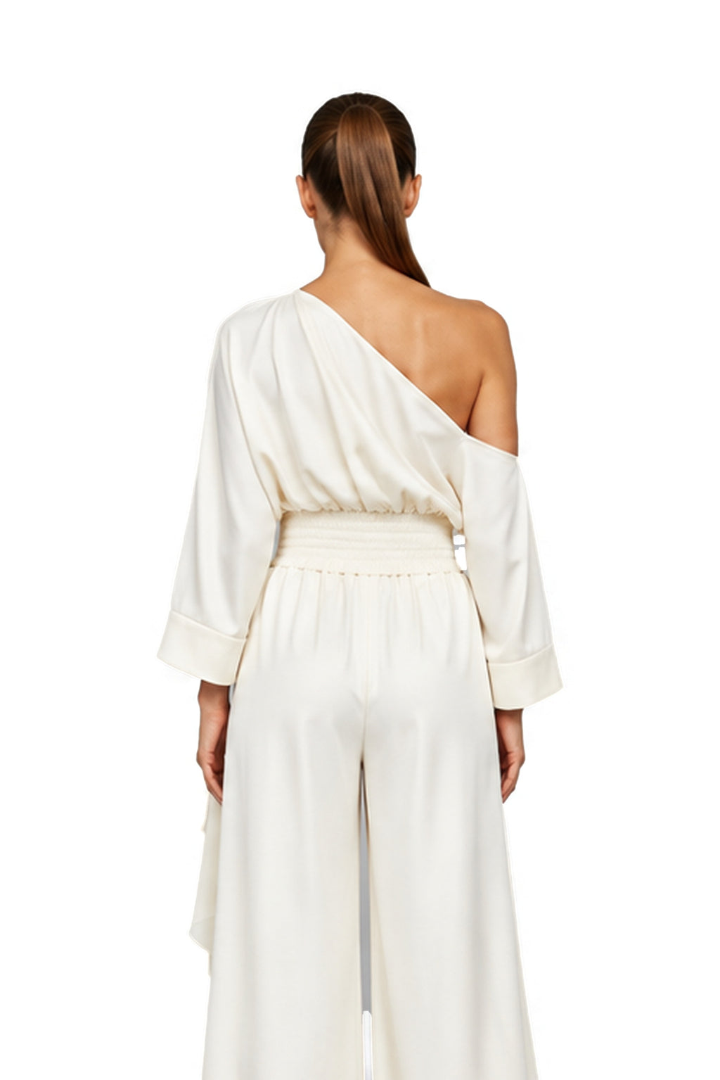 SOLEA one-shoulder blouse and palazzo trouser set in Roman Pearl — back close-up
