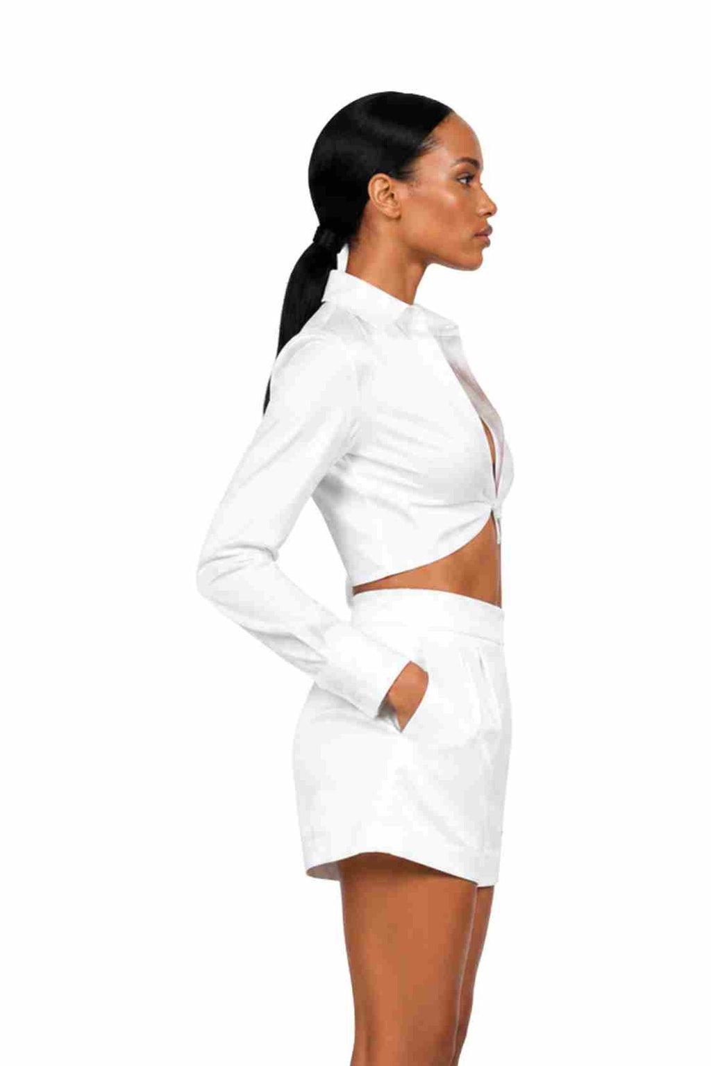 SORRENTO satin shirt and shorts set in Coastal Ivory — side view