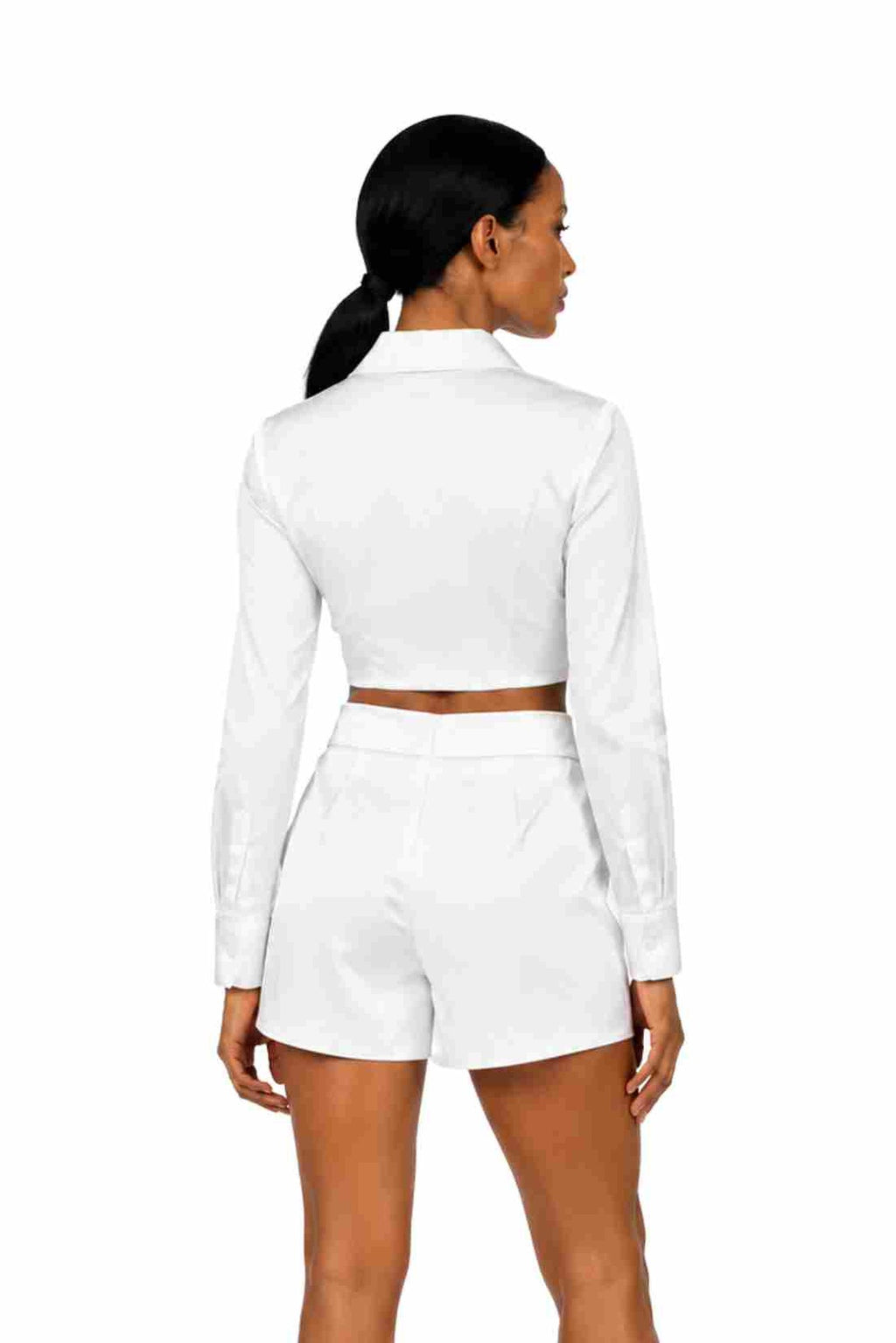 SORRENTO satin shirt and shorts set in Coastal Ivory — back view