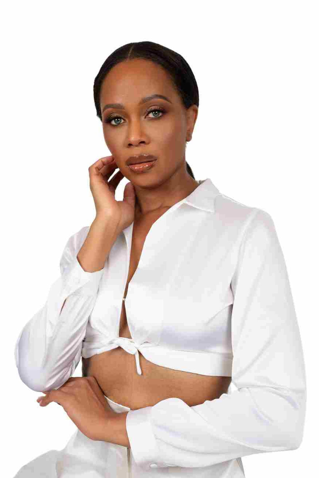 SORRENTO satin shirt and shorts set in Coastal Ivory — shirt portrait