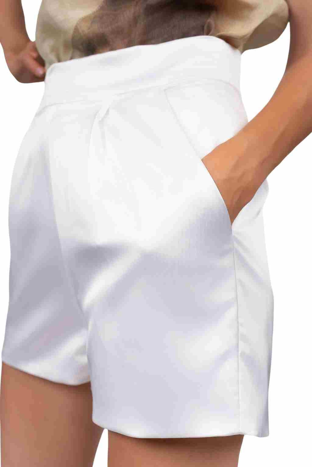 SORRENTO satin shirt and shorts set in Coastal Ivory — pocket detail