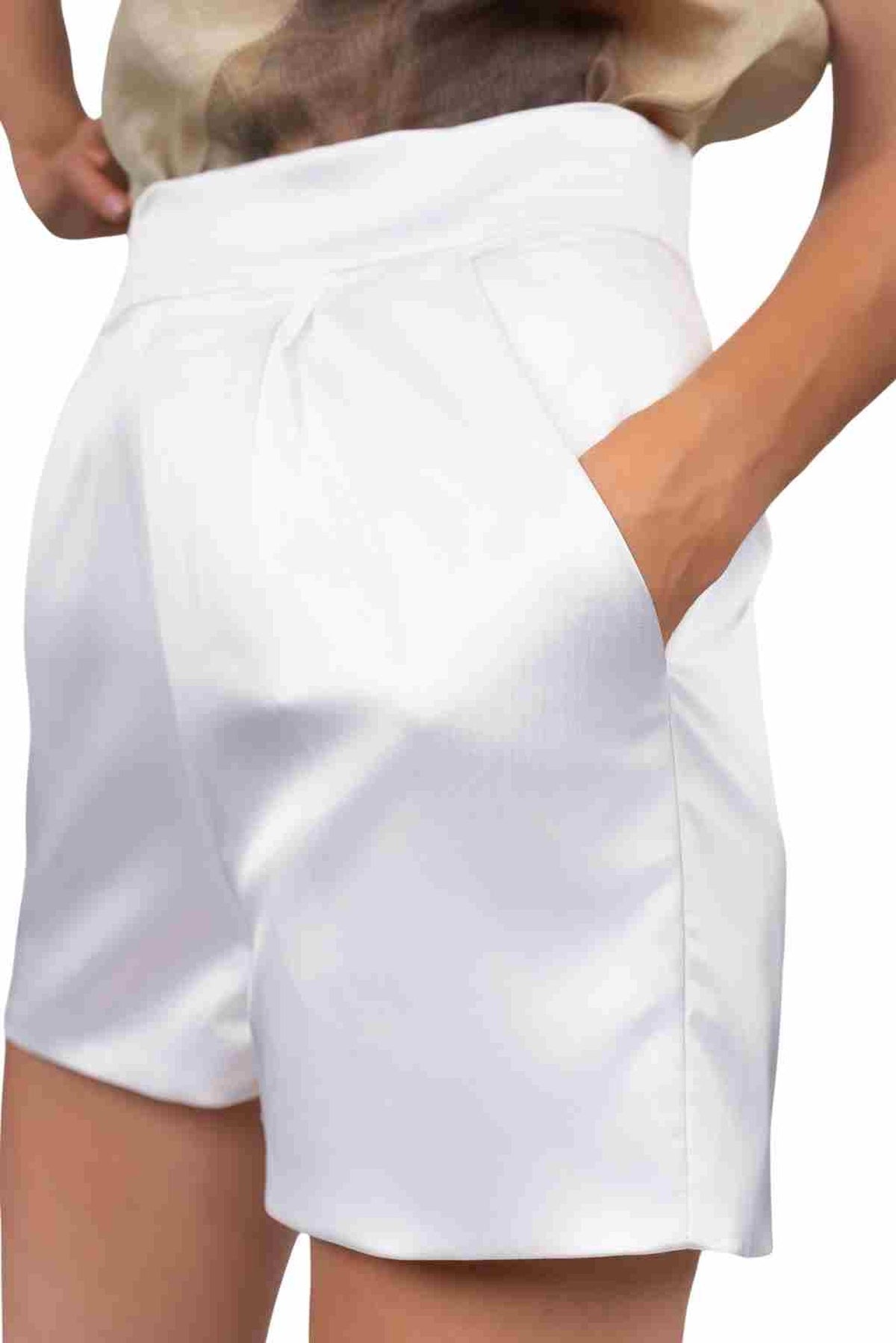 SORRENTO satin shirt and shorts set in Coastal Ivory — pocket detail