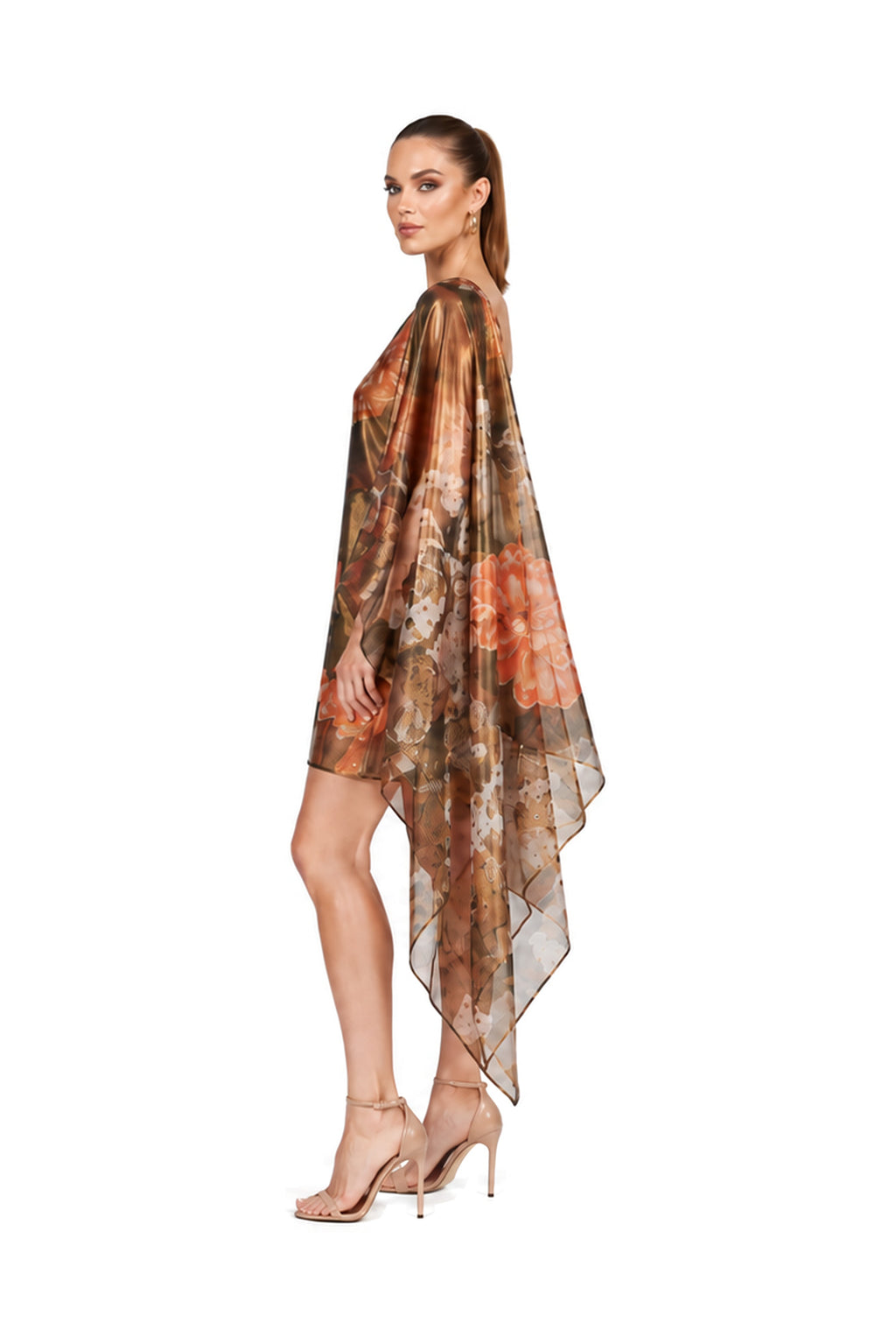 VALENTINA one-shoulder dress in Fiamma d’Oro print — side view