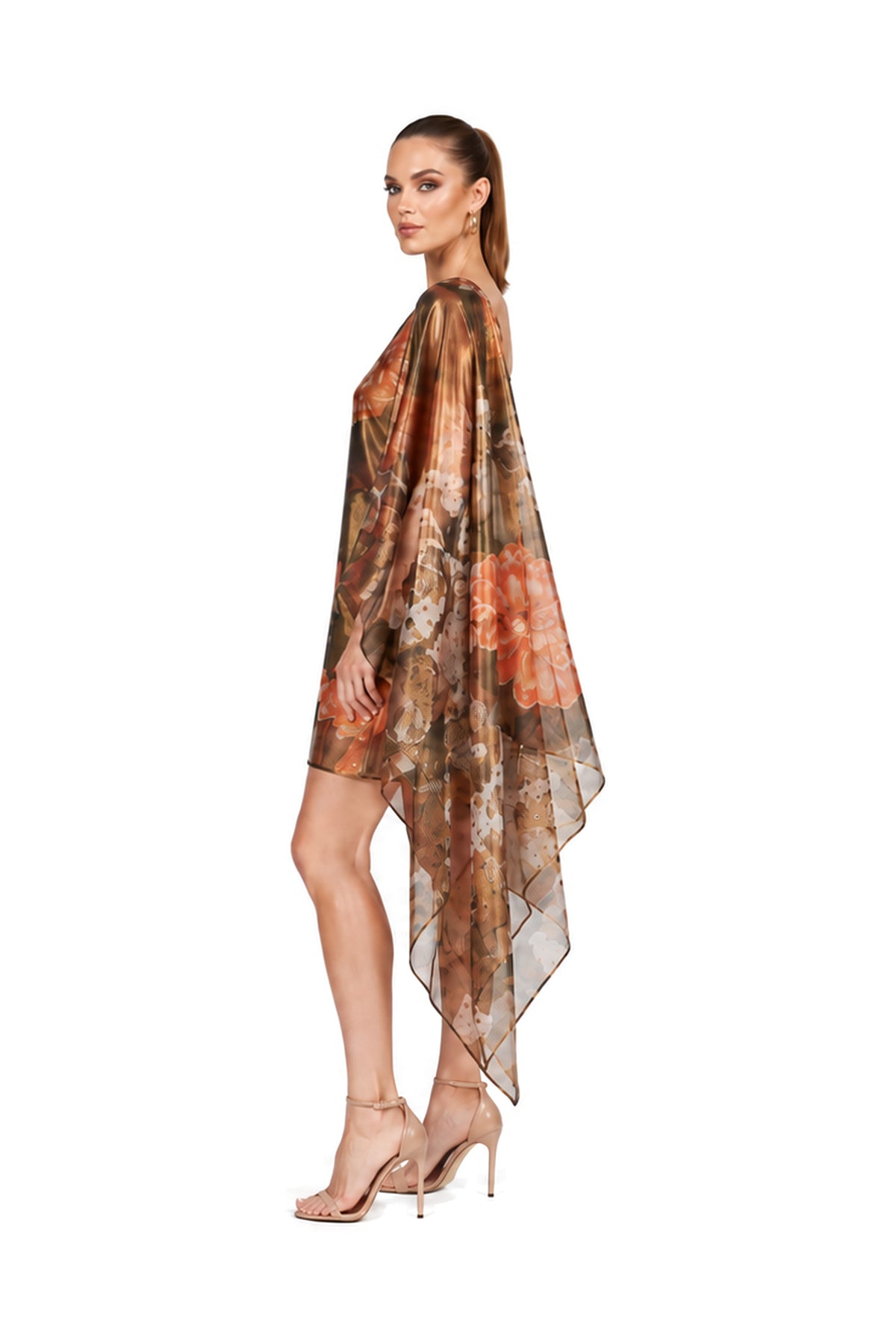 VALENTINA one-shoulder dress in Fiamma d’Oro print — side view