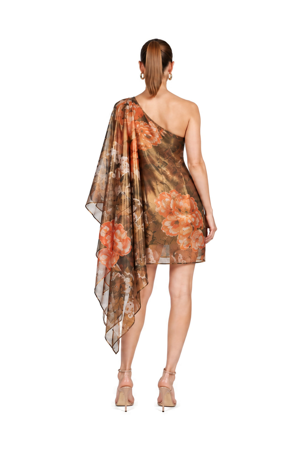 VALENTINA one-shoulder dress in Fiamma d’Oro print — back view