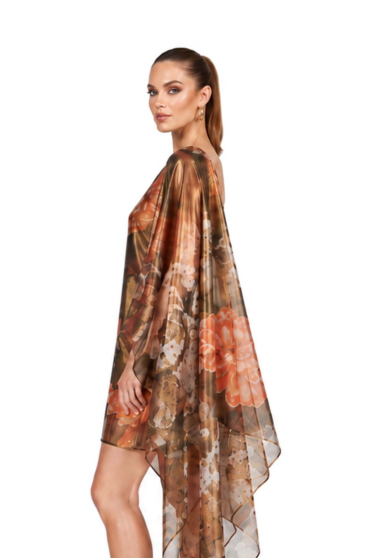 VALENTINA one-shoulder dress in Fiamma d’Oro print — side close-up