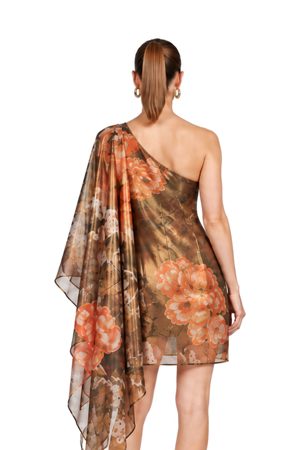 VALENTINA one-shoulder dress in Fiamma d’Oro print — back close-up