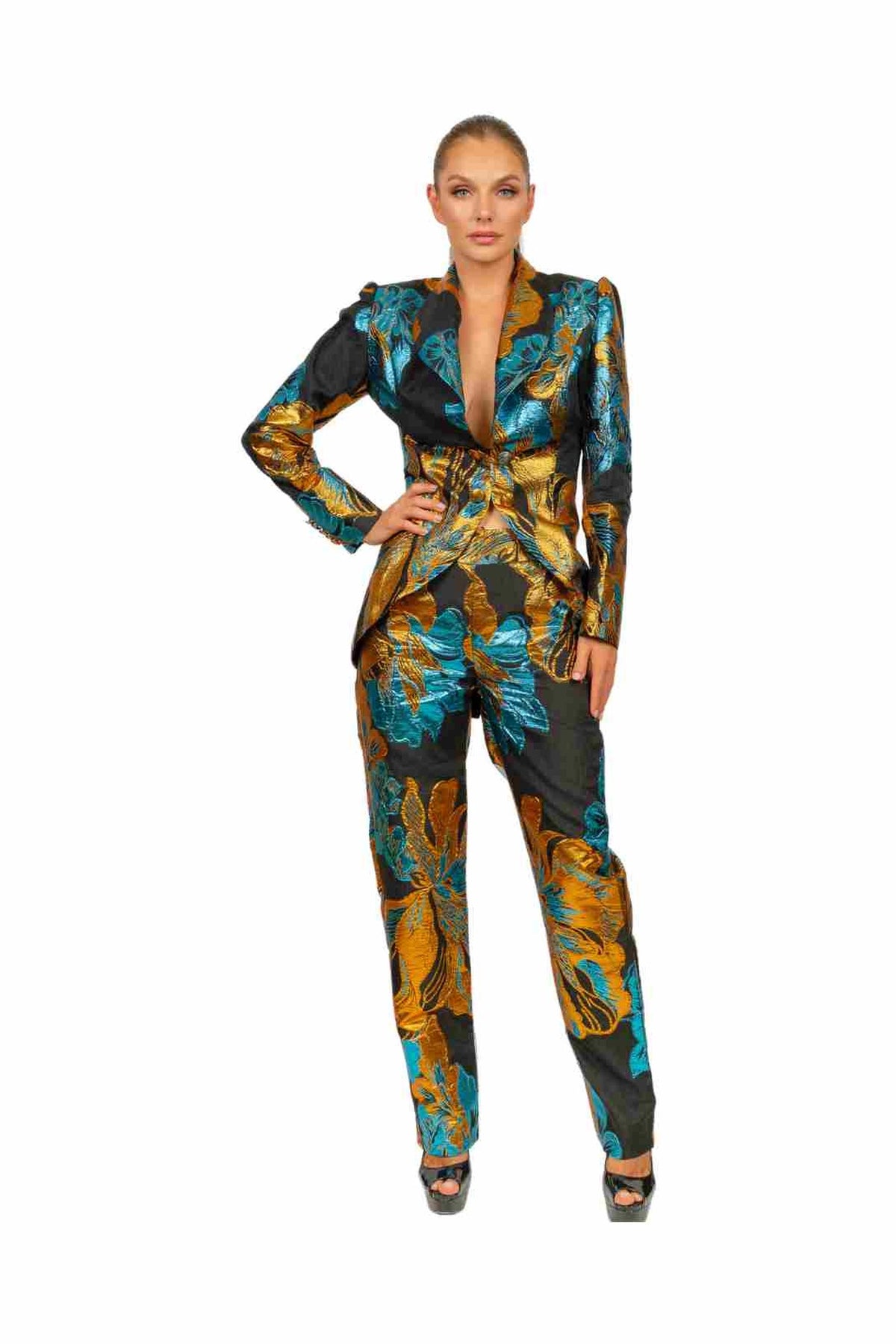 VENEZIA tailored jacket and trouser set in Venetian Mosaic print — front view