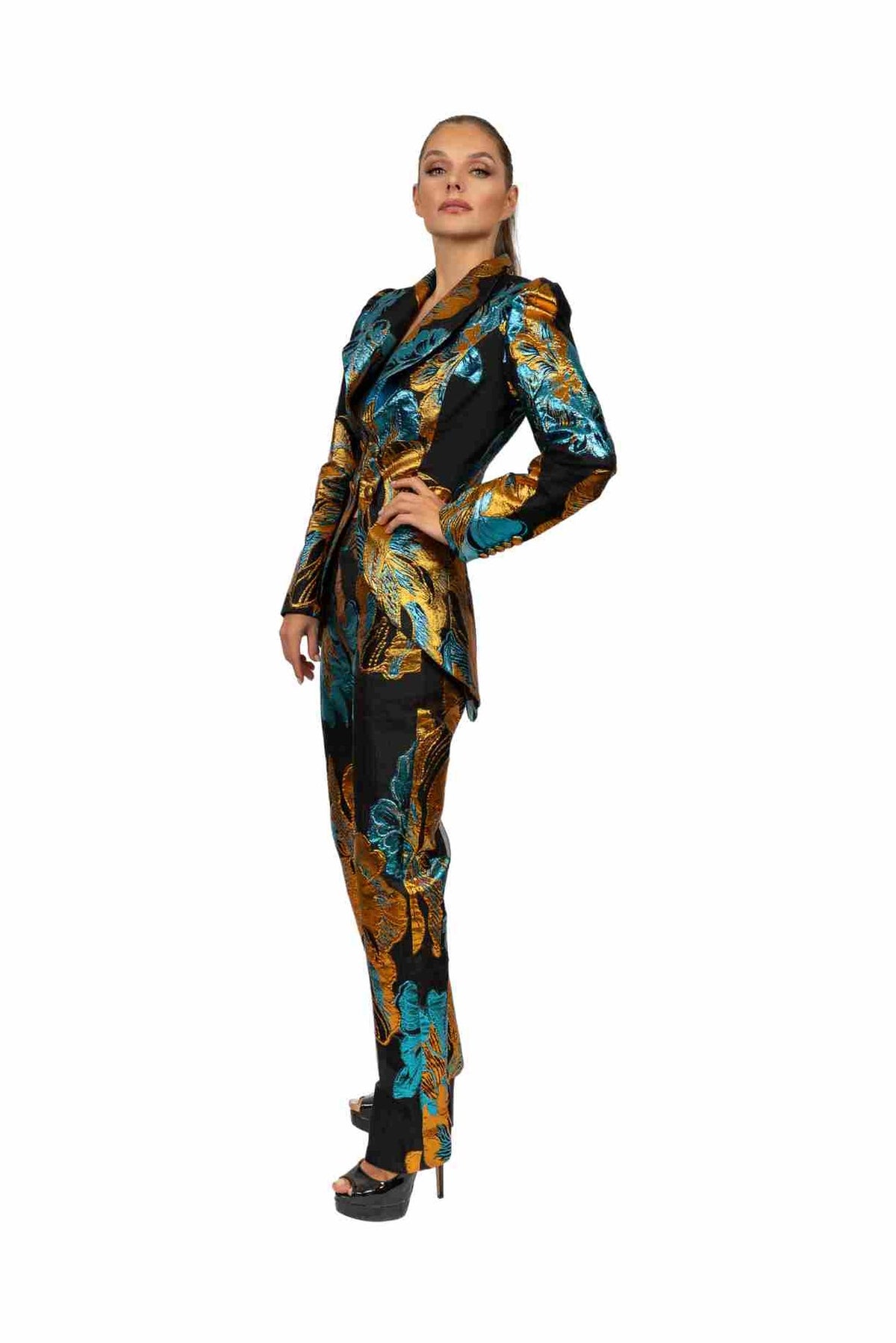 VENEZIA tailored jacket and trouser set in Venetian Mosaic print — side view
