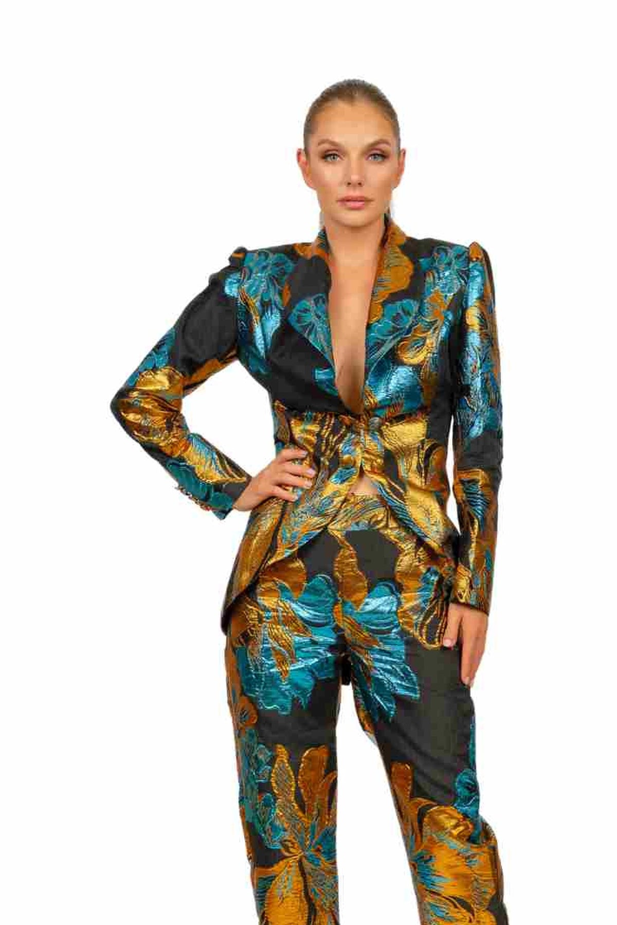 VENEZIA tailored jacket and trouser set in Venetian Mosaic print — front close-up