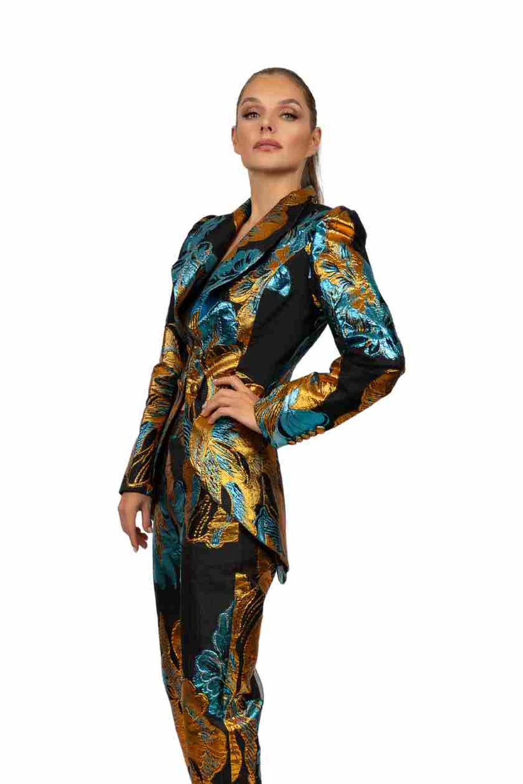 VENEZIA tailored jacket and trouser set in Venetian Mosaic print — side close-up