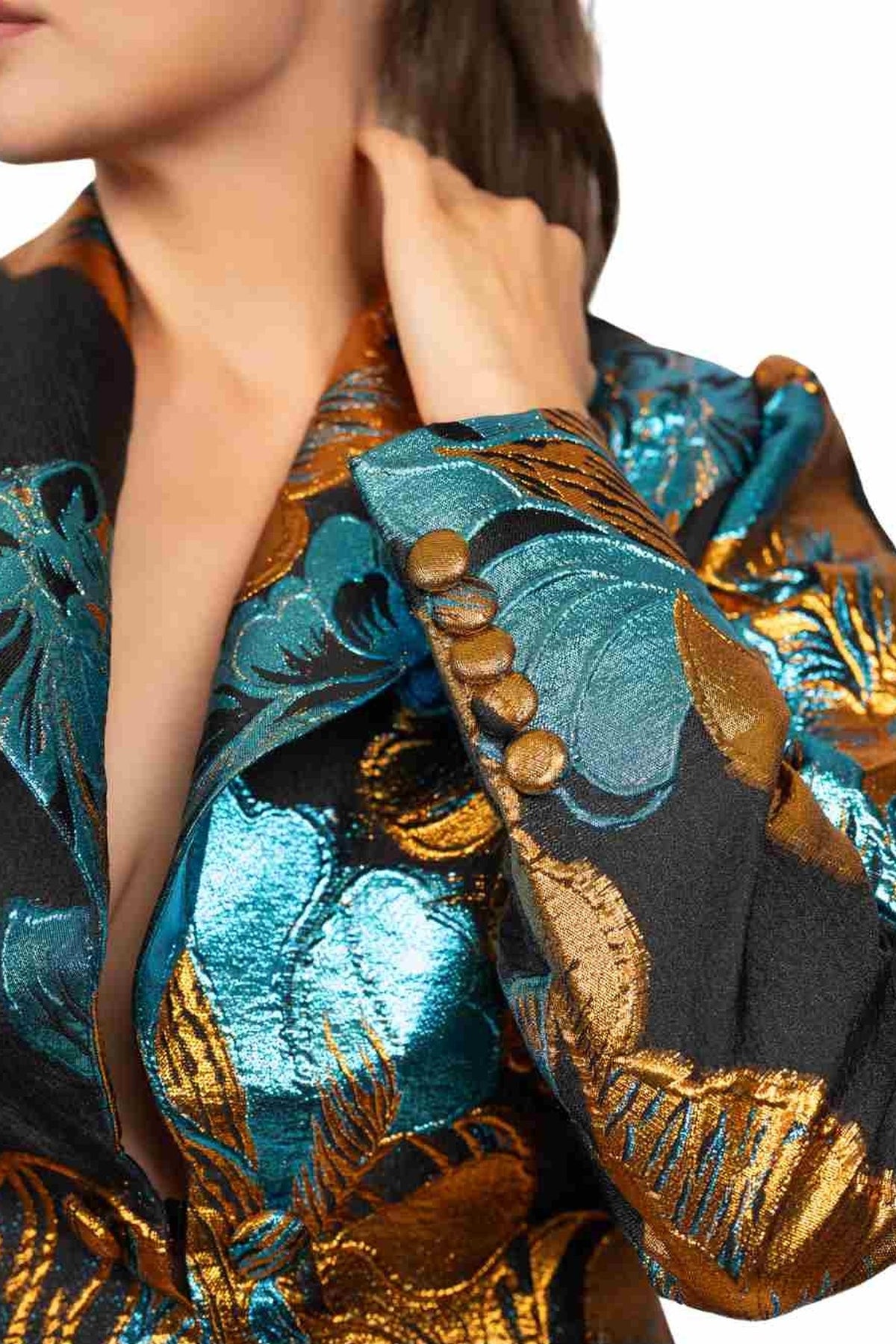 VENEZIA tailored jacket and trouser set in Venetian Mosaic print — lapel and cuff detail